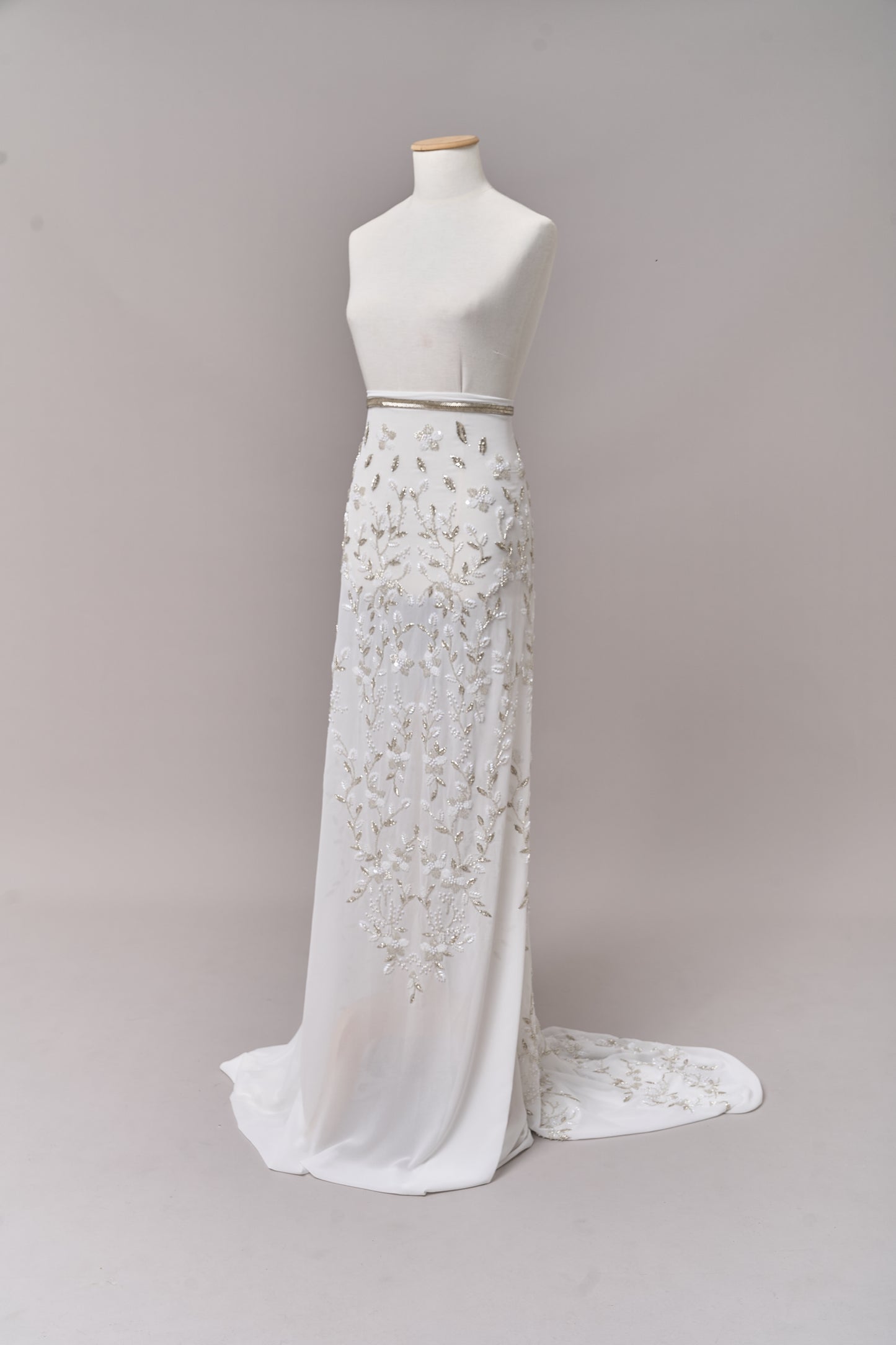 S0710 - Chiffon embroidered with silver metallic thread, silver beads, off-white pearls, long off-white bugle beads, and off-white sequins