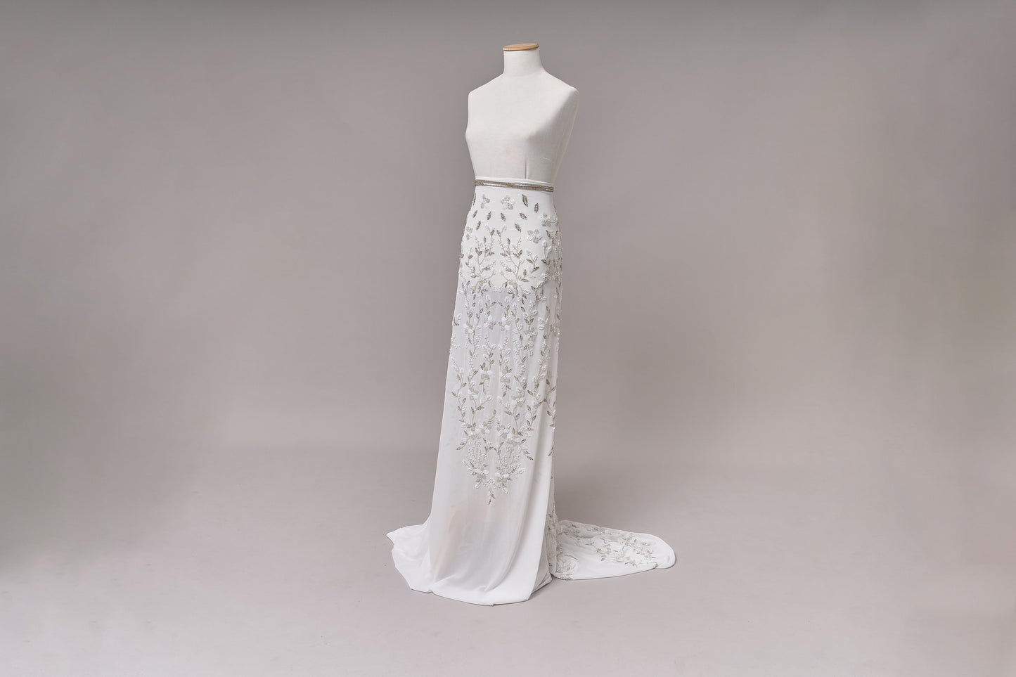 S0710 - Chiffon embroidered with silver metallic thread, silver beads, off-white pearls, long off-white bugle beads, and off-white sequins