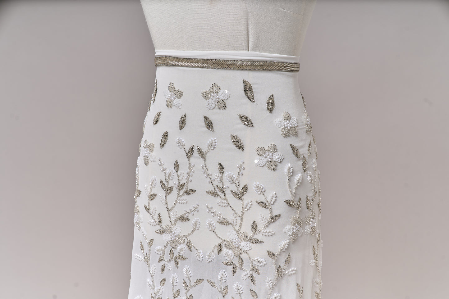 S0710 - Chiffon embroidered with silver metallic thread, silver beads, off-white pearls, long off-white bugle beads, and off-white sequins