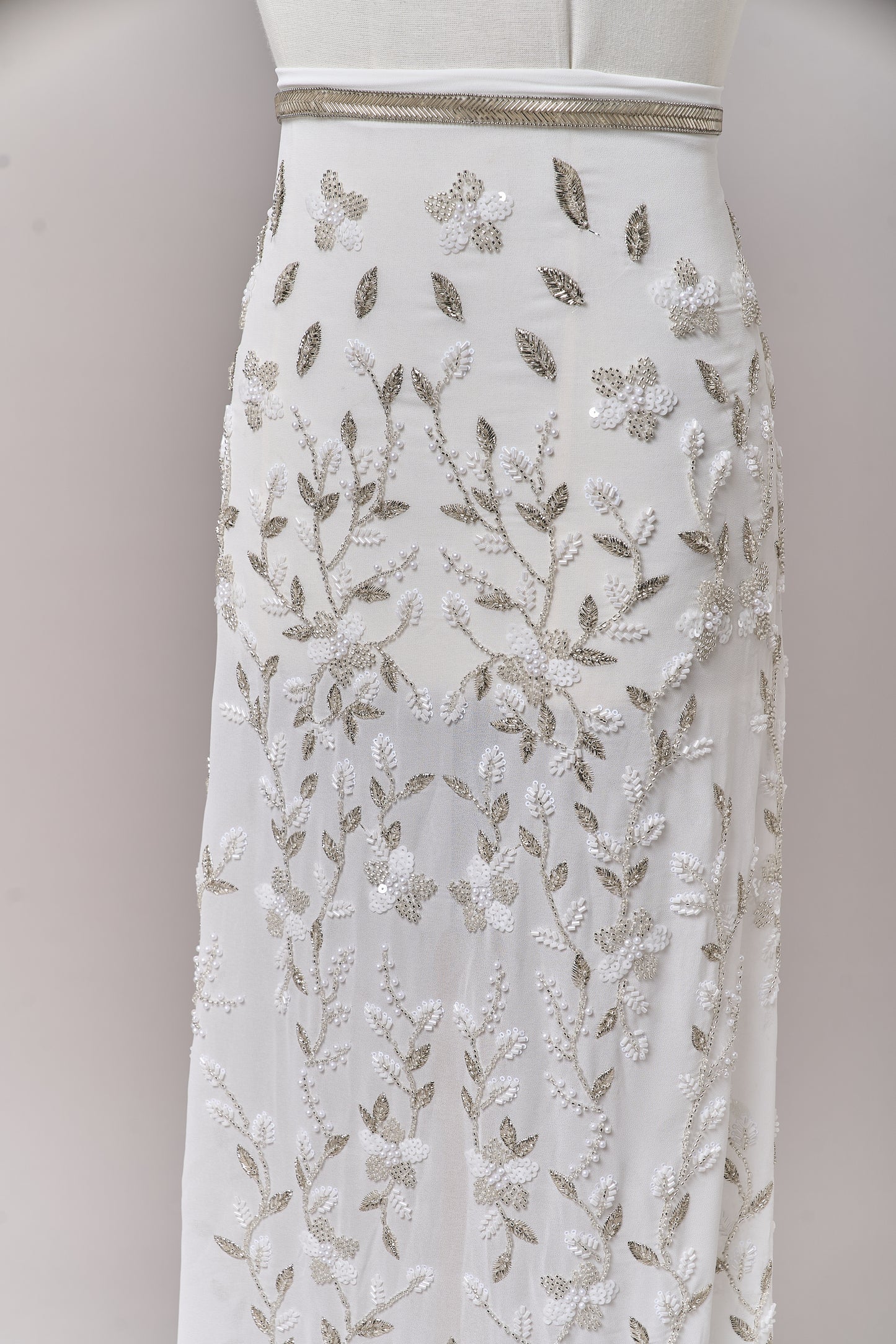 S0710 - Chiffon embroidered with silver metallic thread, silver beads, off-white pearls, long off-white bugle beads, and off-white sequins