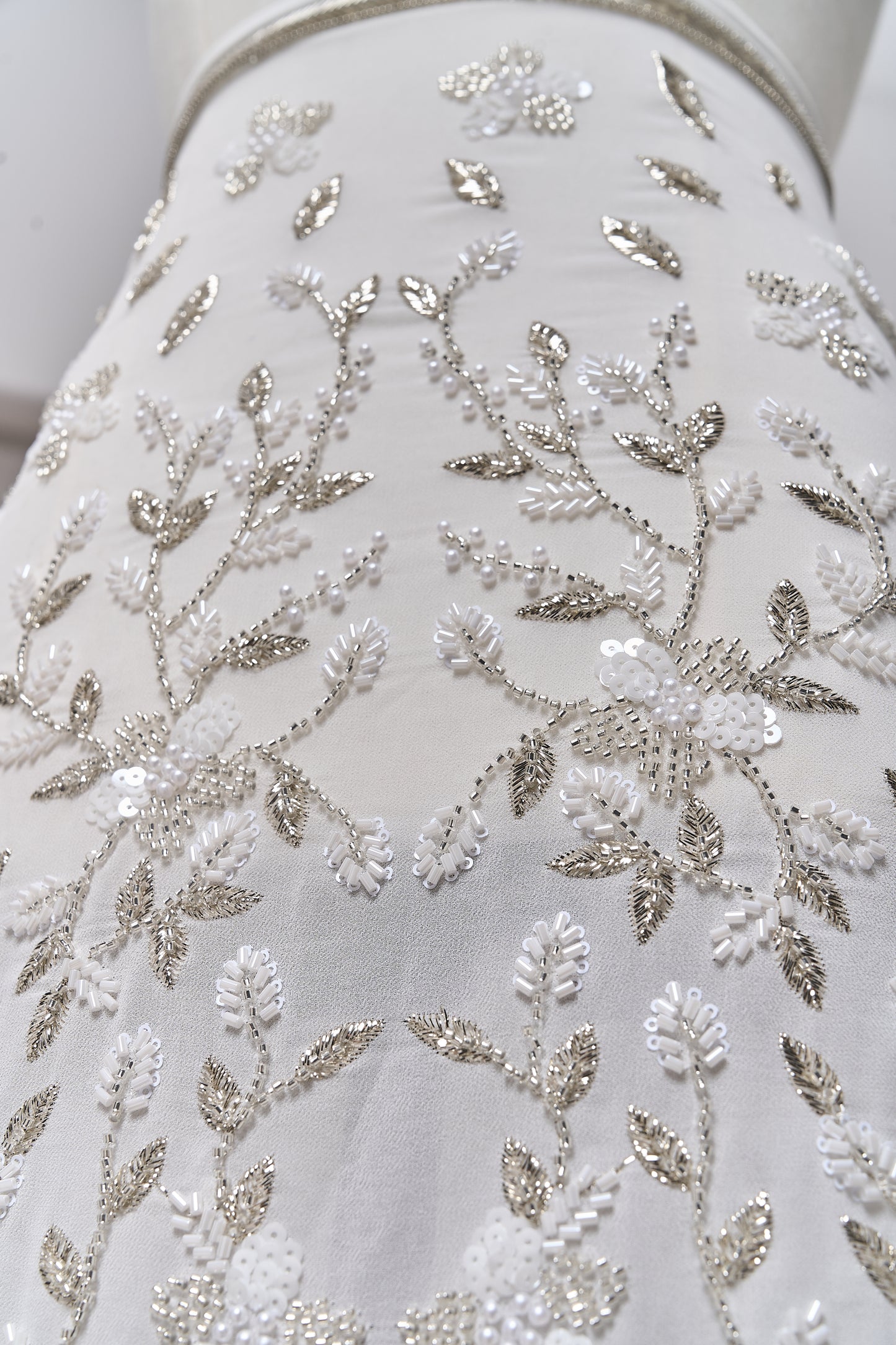 S0710 - Chiffon embroidered with silver metallic thread, silver beads, off-white pearls, long off-white bugle beads, and off-white sequins