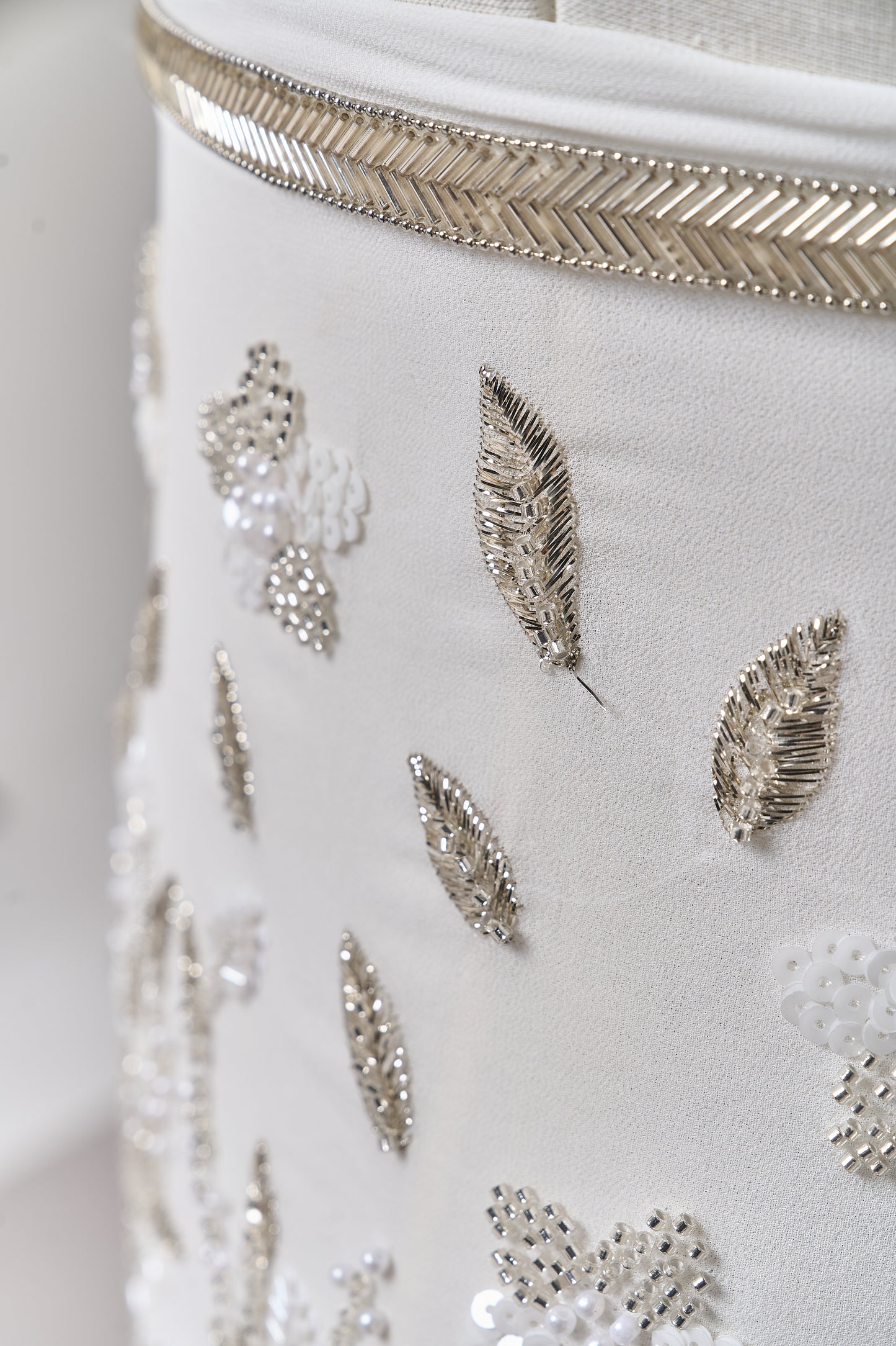 S0710 - Chiffon embroidered with silver metallic thread, silver beads, off-white pearls, long off-white bugle beads, and off-white sequins