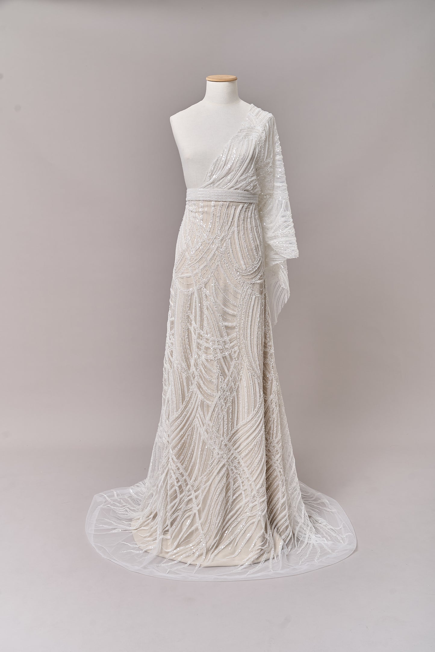 S0693 - Embroidered tulle with off-white beads and transparent sequins