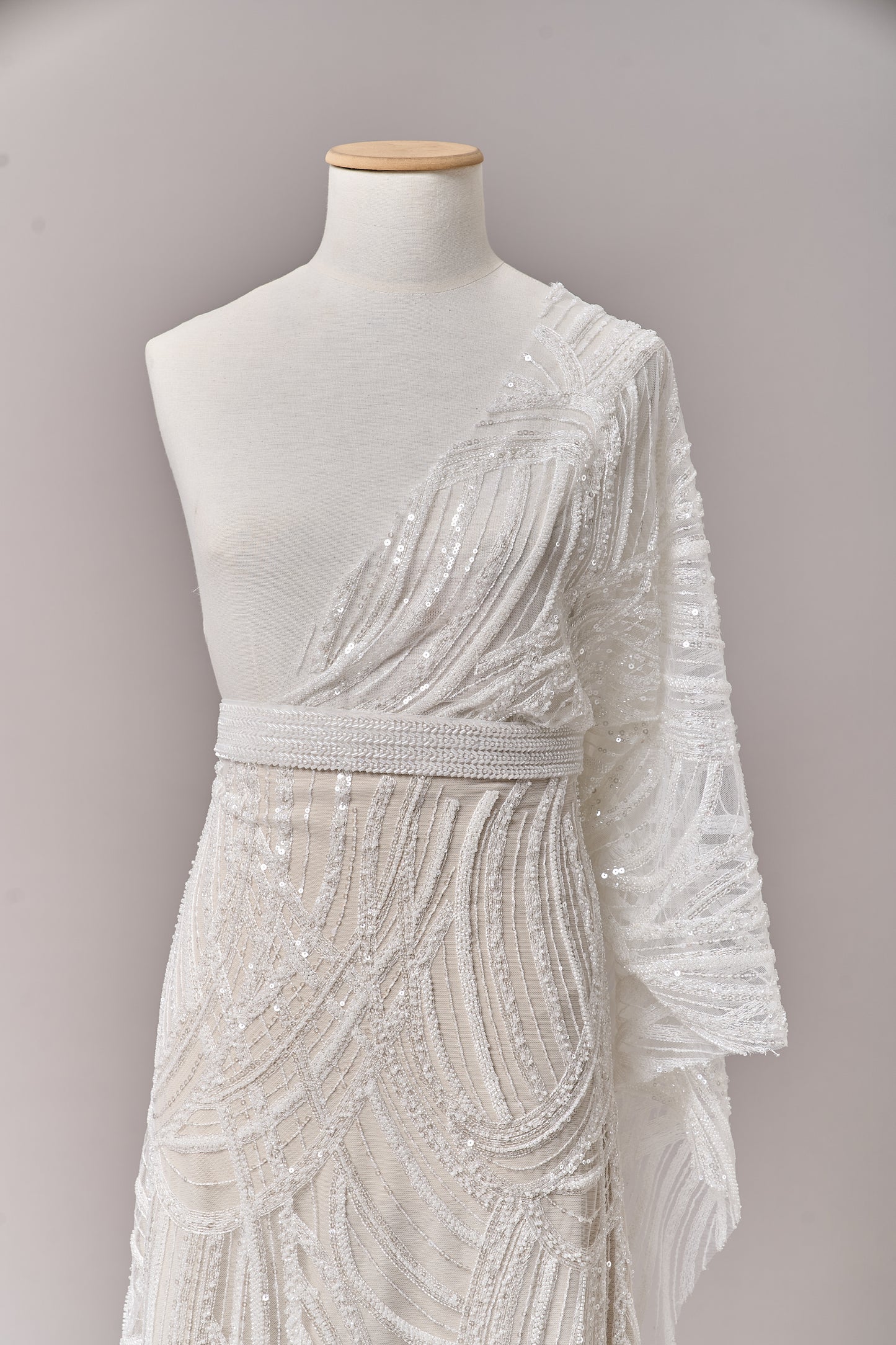 S0693 - Embroidered tulle with off-white beads and transparent sequins