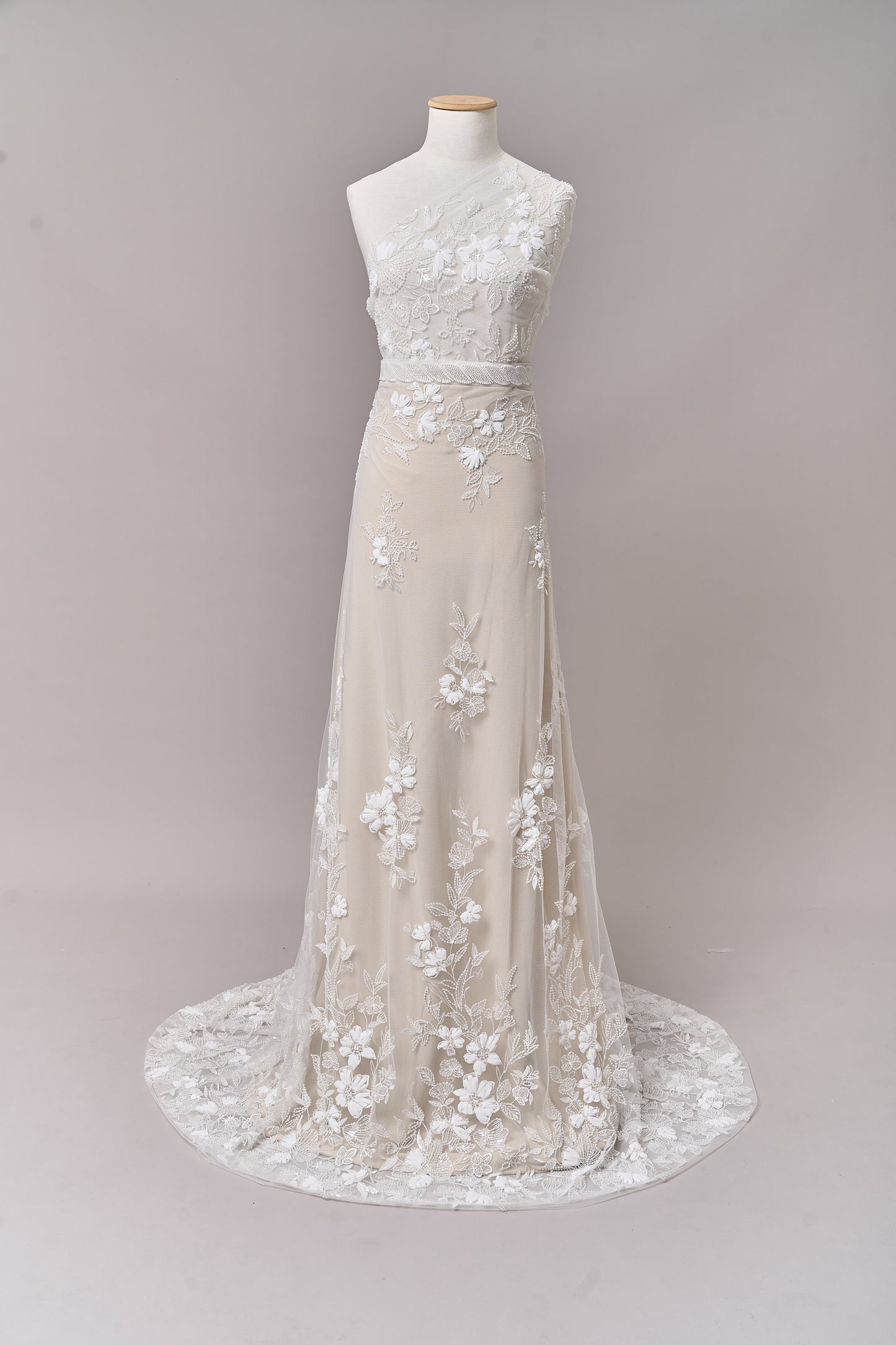 S0689 - Embroidered tulle with 3D chiffon flowers, off-white beads, and transparent sequins