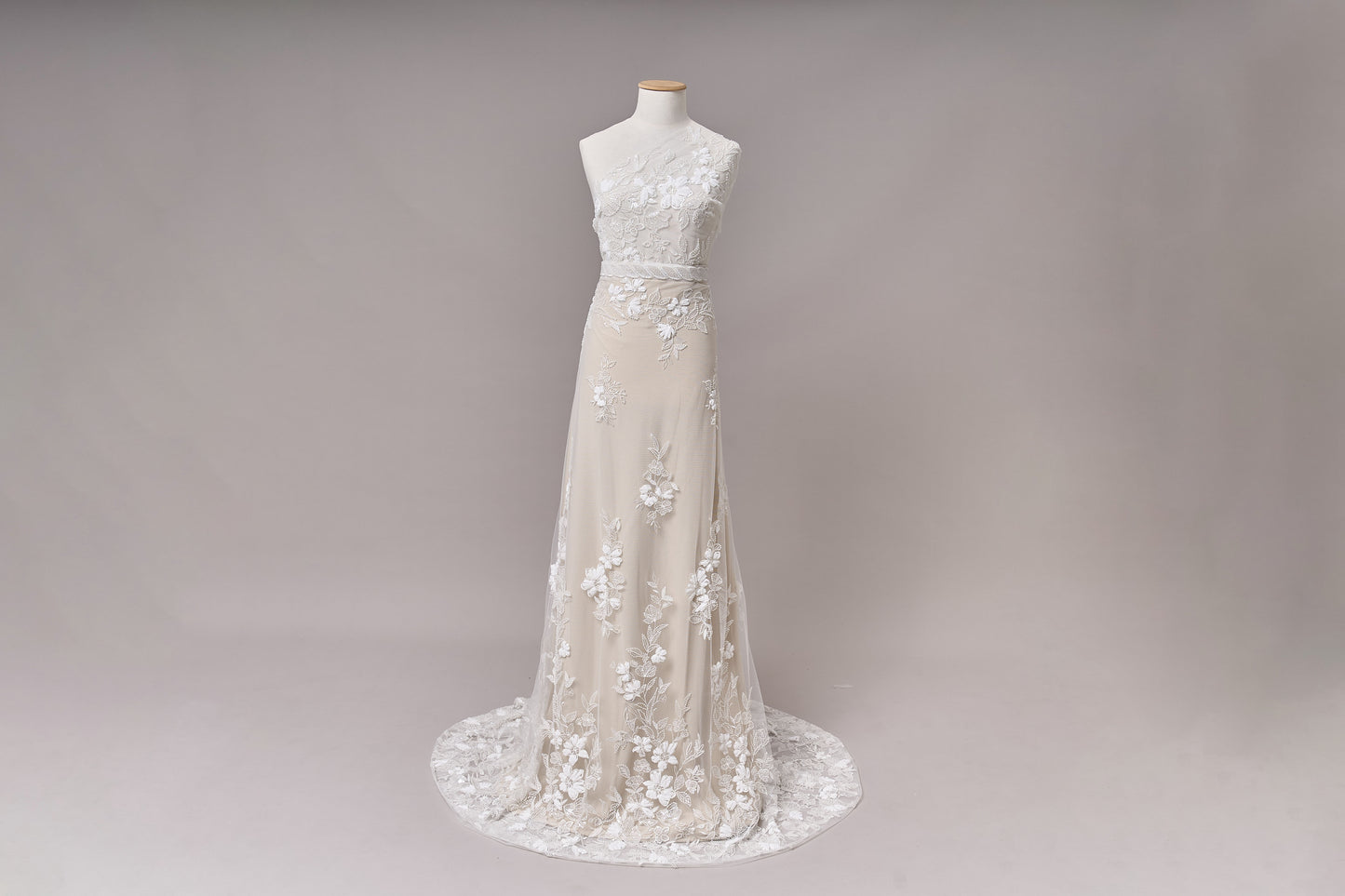 S0689 - Embroidered tulle with 3D chiffon flowers, off-white beads, and transparent sequins