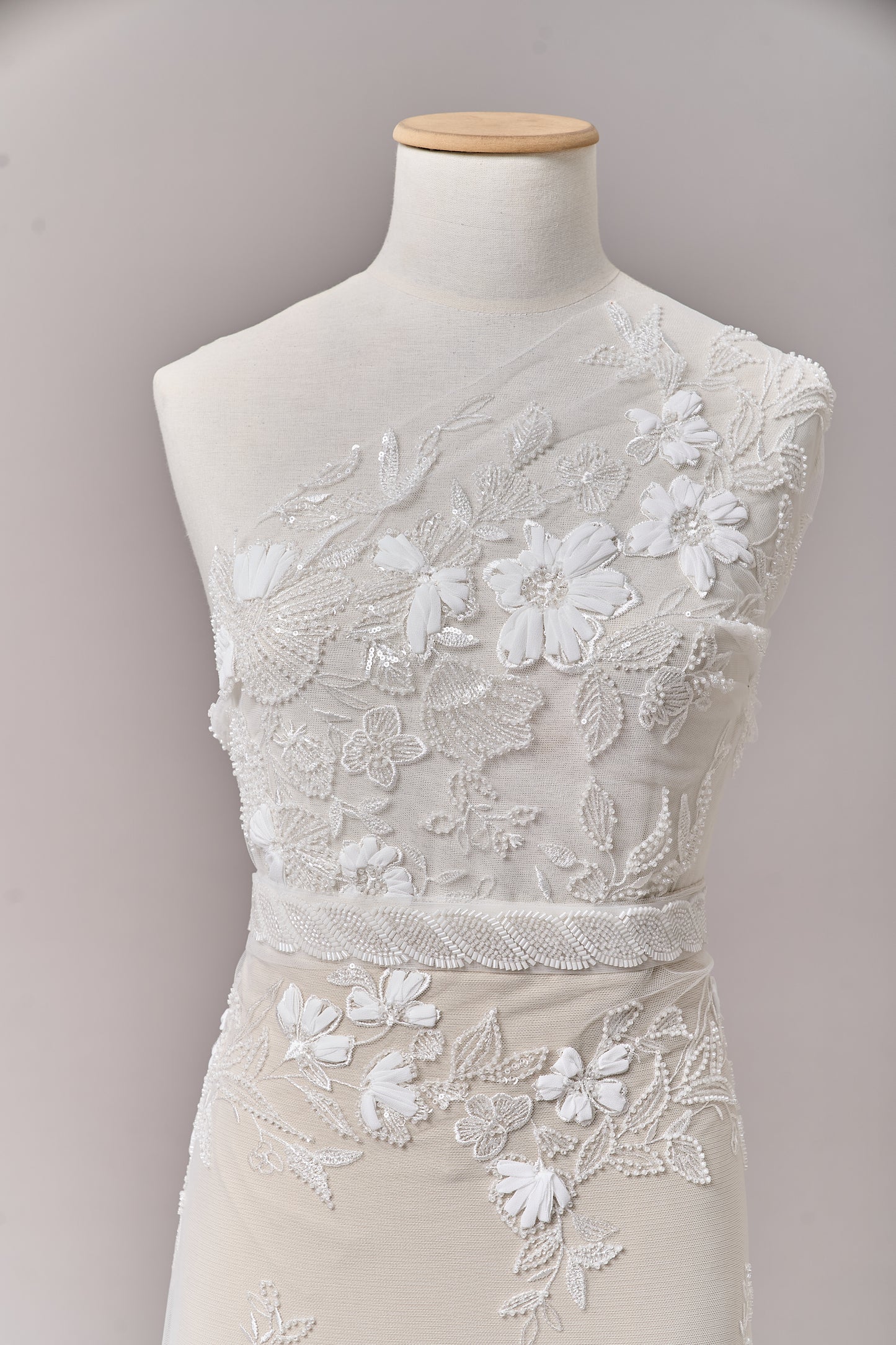S0689 - Embroidered tulle with 3D chiffon flowers, off-white beads, and transparent sequins