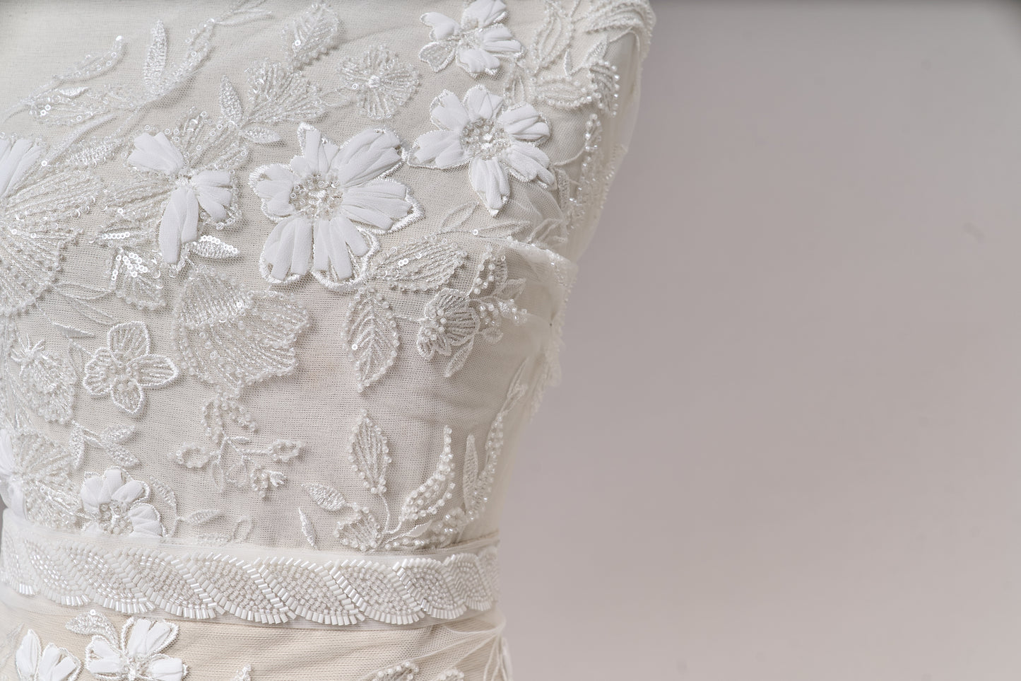 S0689 - Embroidered tulle with 3D chiffon flowers, off-white beads, and transparent sequins