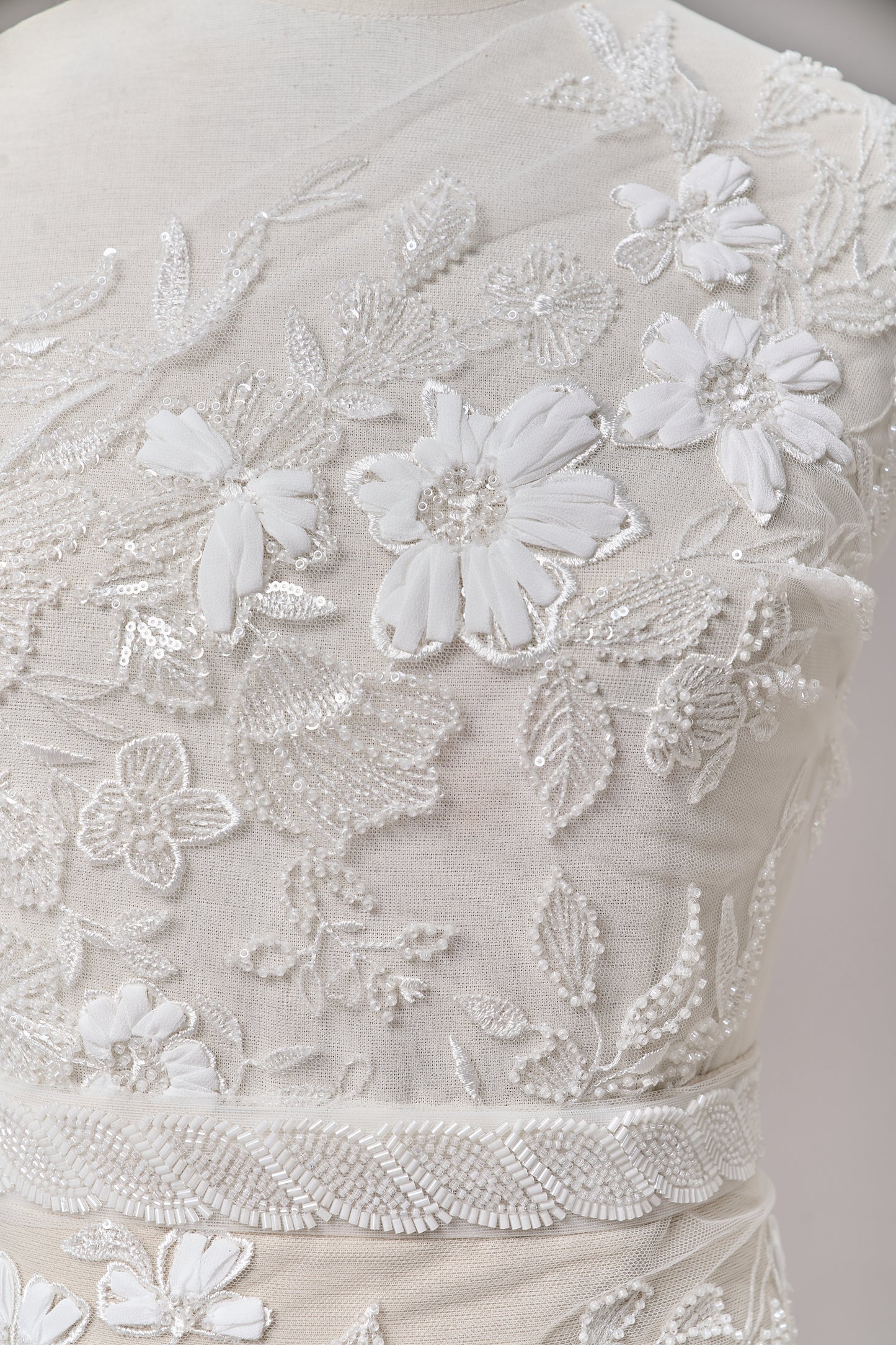 S0689 - Embroidered tulle with 3D chiffon flowers, off-white beads, and transparent sequins