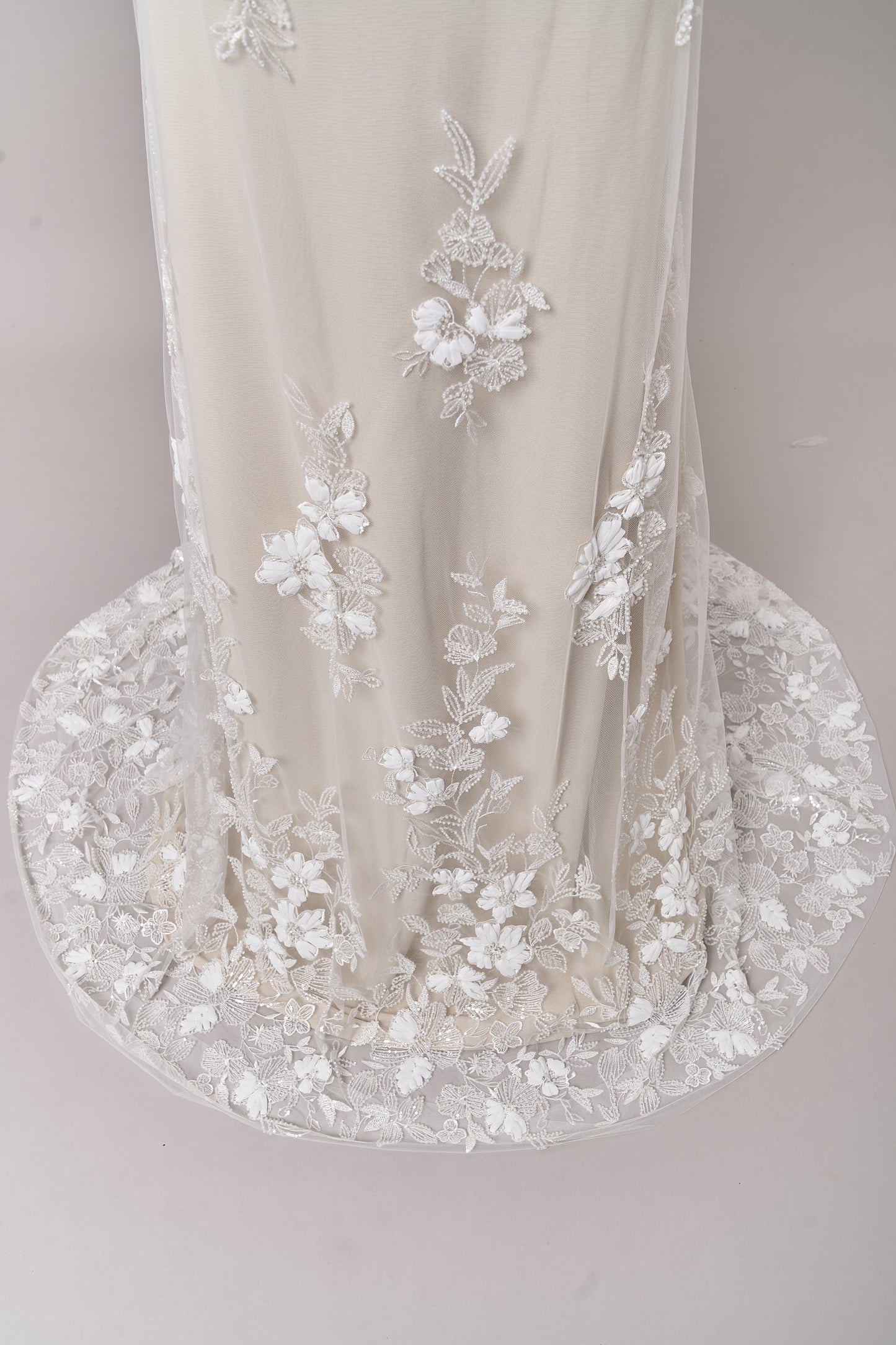 S0689 - Embroidered tulle with 3D chiffon flowers, off-white beads, and transparent sequins