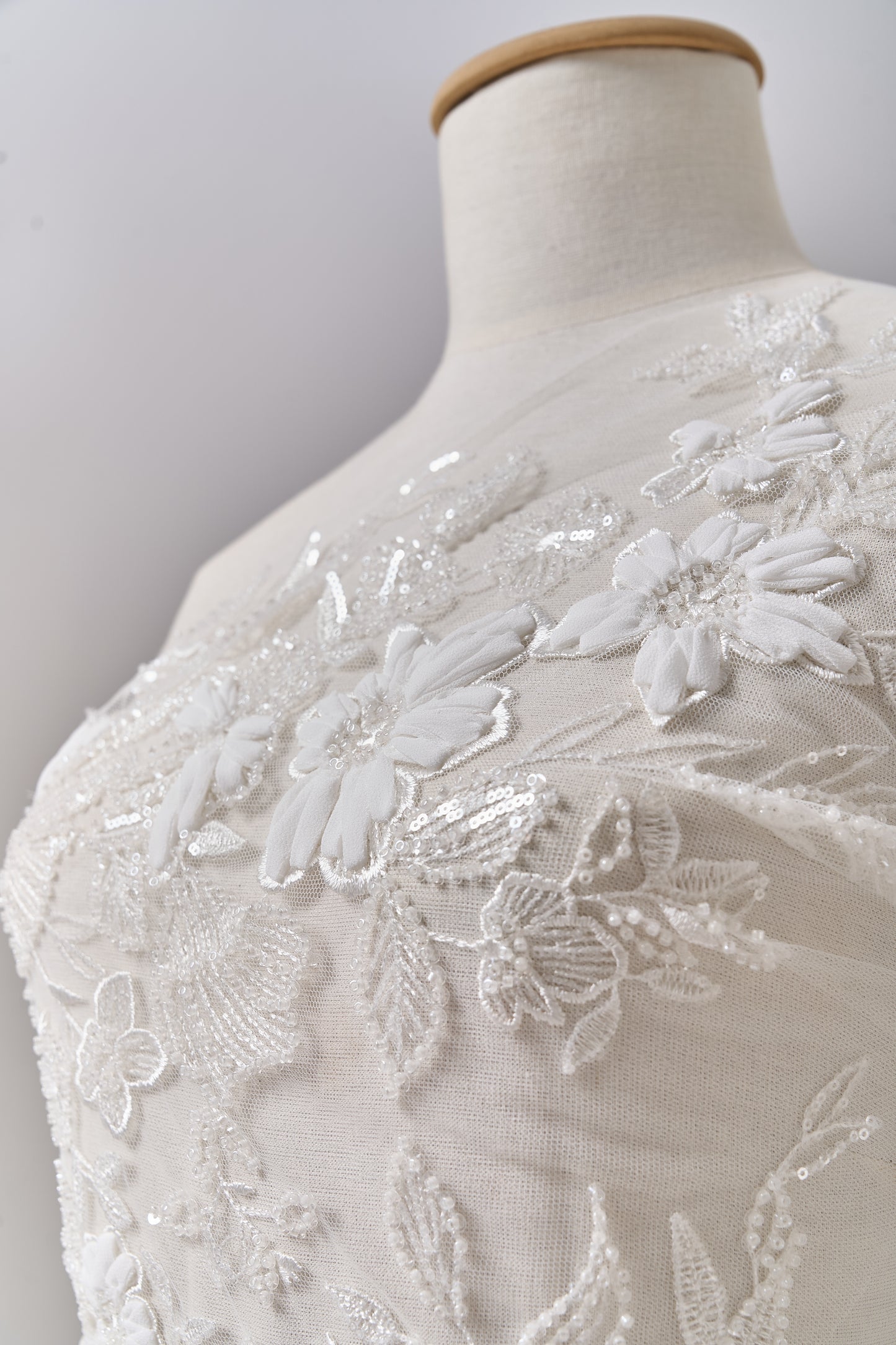 S0689 - Embroidered tulle with 3D chiffon flowers, off-white beads, and transparent sequins