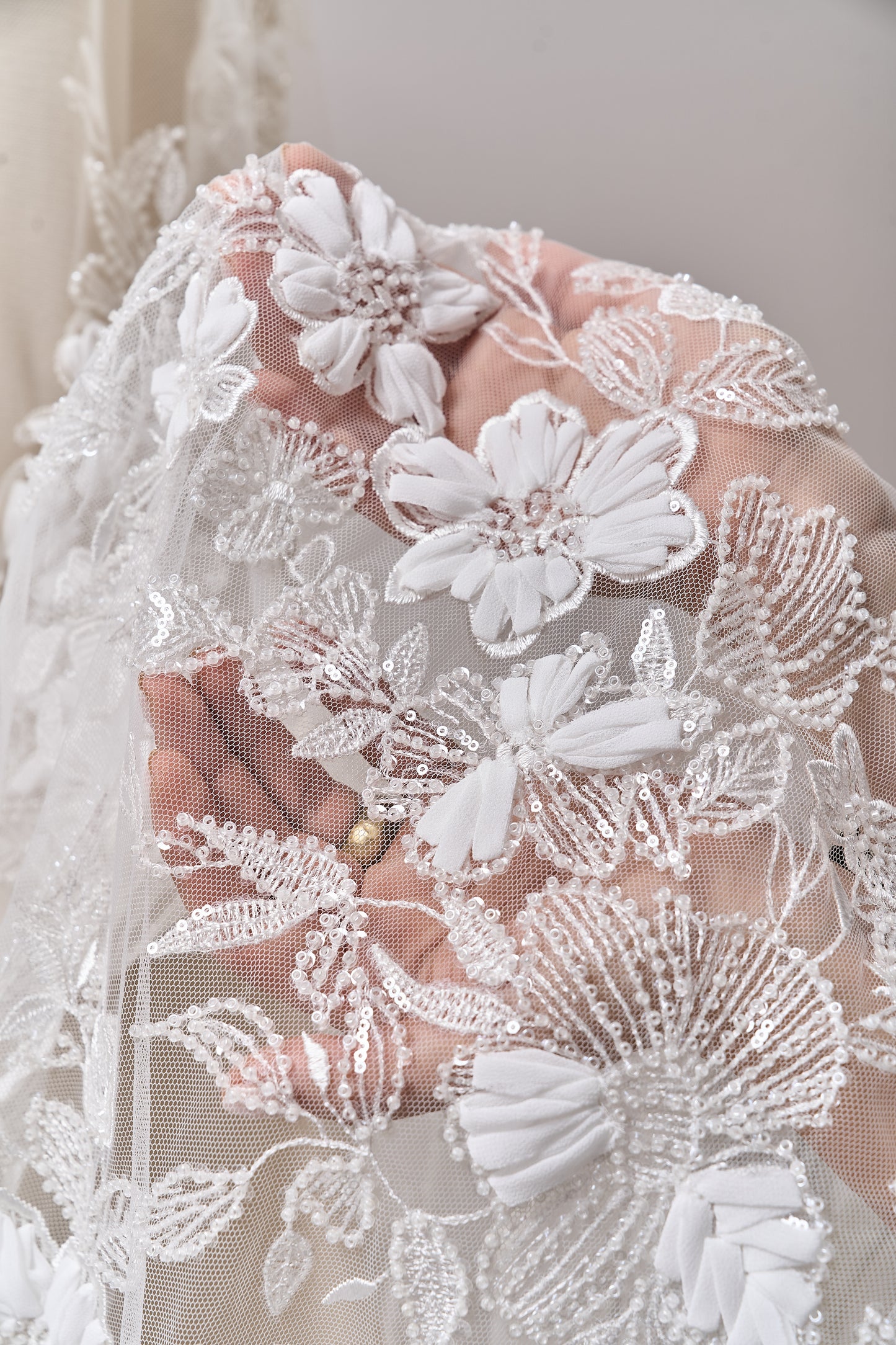 S0689 - Embroidered tulle with 3D chiffon flowers, off-white beads, and transparent sequins