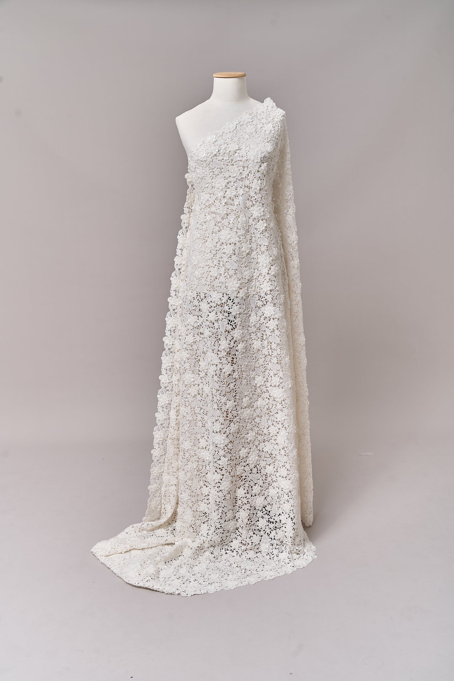 S0685 - Guipure embroidered with 3D flowers, off-white beads, transparent rhinestones, and transparent sequins