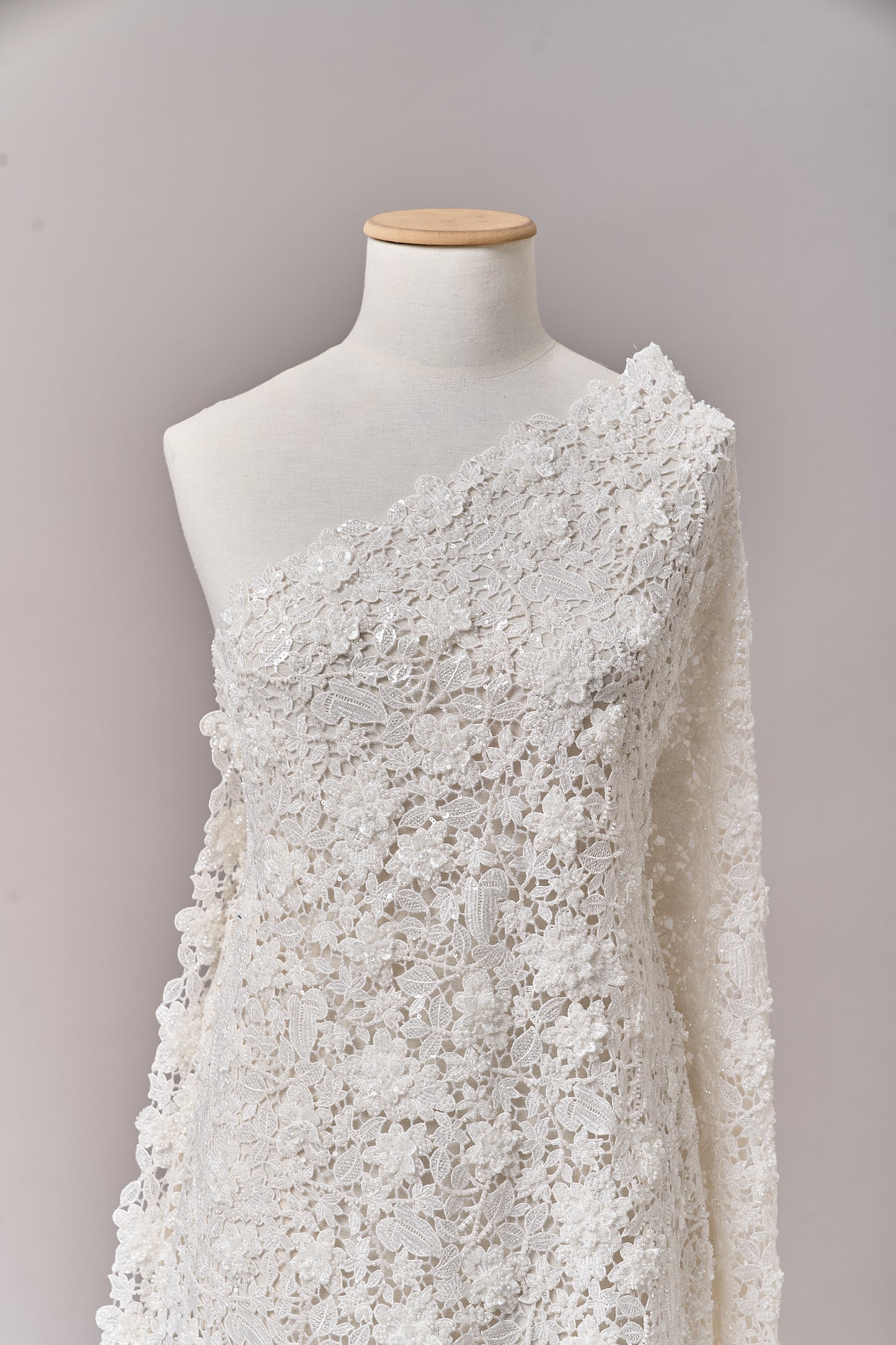 S0685 - Guipure embroidered with 3D flowers, off-white beads, transparent rhinestones, and transparent sequins