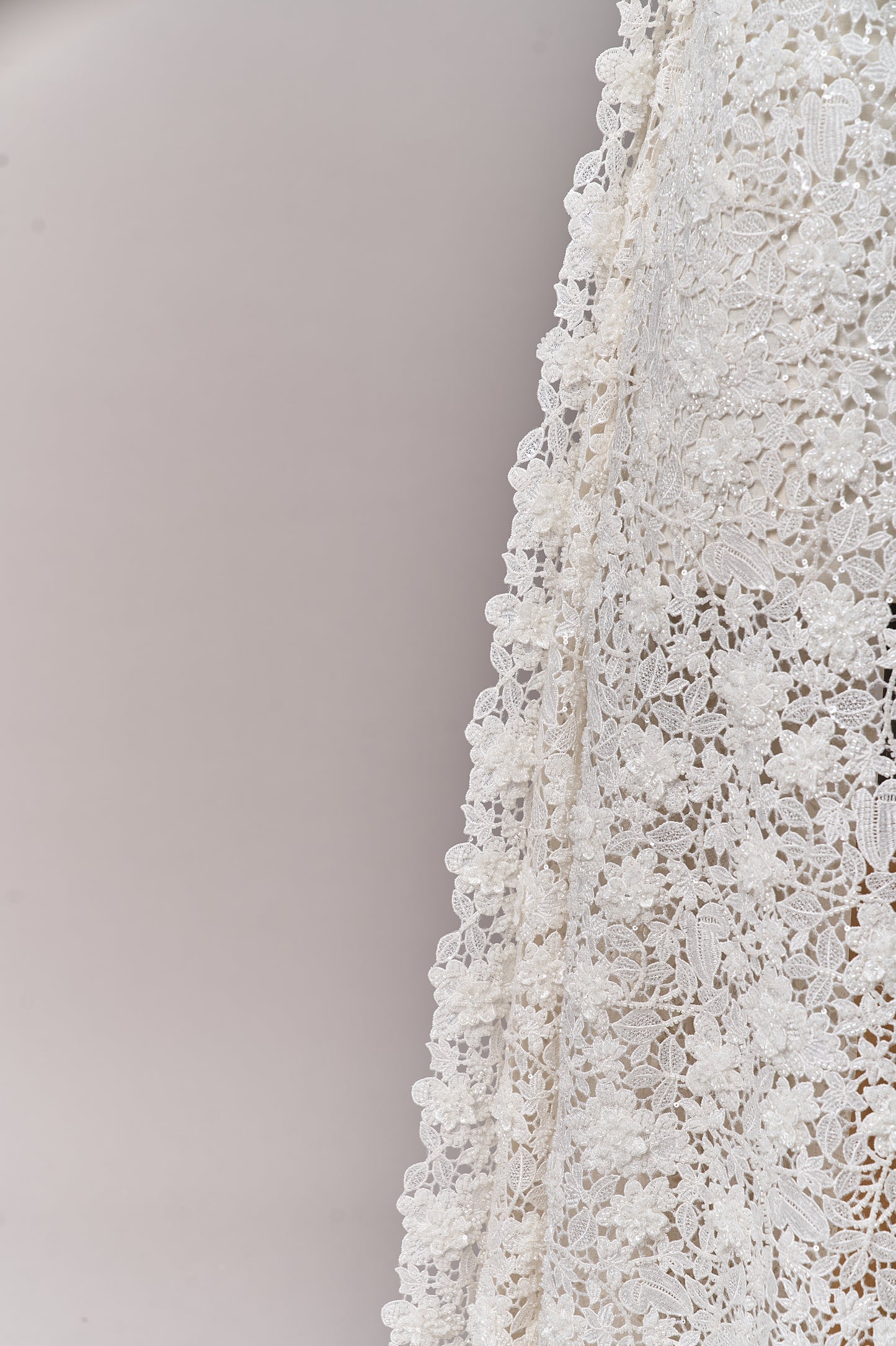S0685 - Guipure embroidered with 3D flowers, off-white beads, transparent rhinestones, and transparent sequins