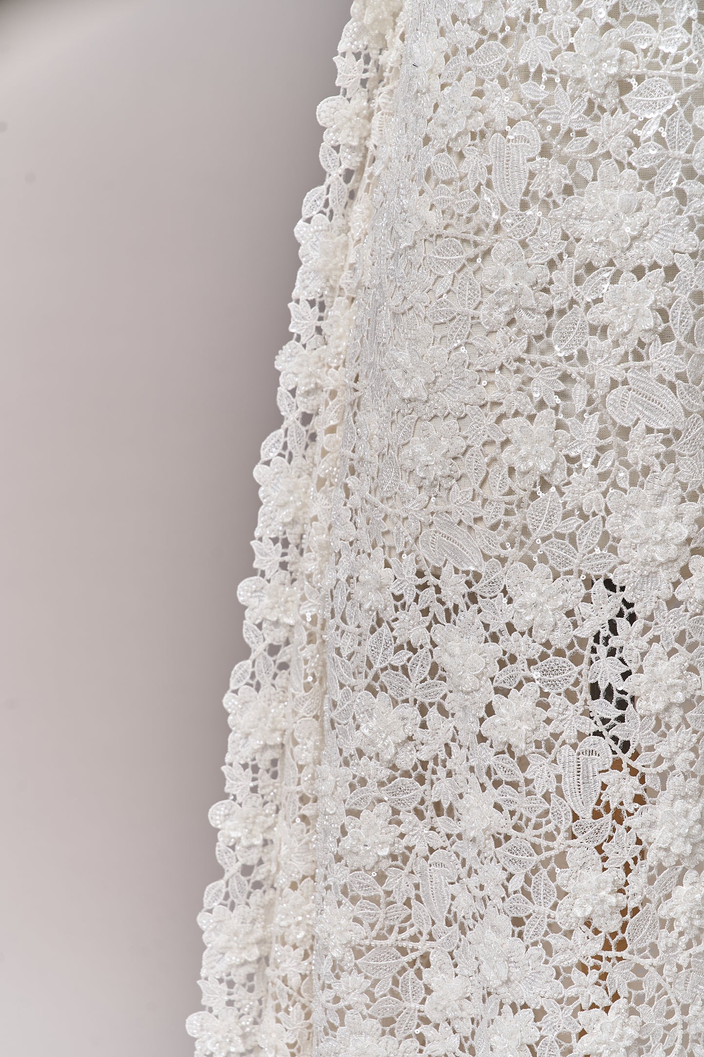 S0685 - Guipure embroidered with 3D flowers, off-white beads, transparent rhinestones, and transparent sequins