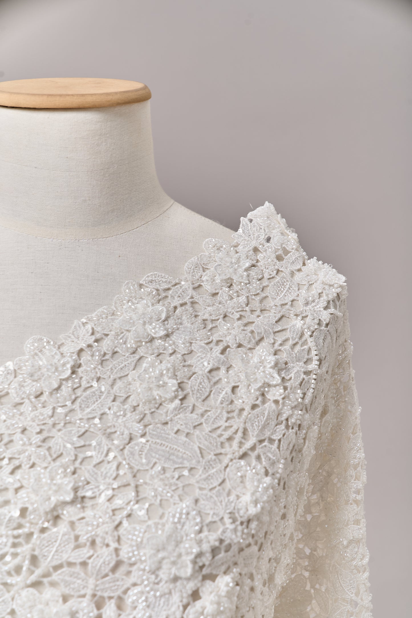 S0685 - Guipure embroidered with 3D flowers, off-white beads, transparent rhinestones, and transparent sequins
