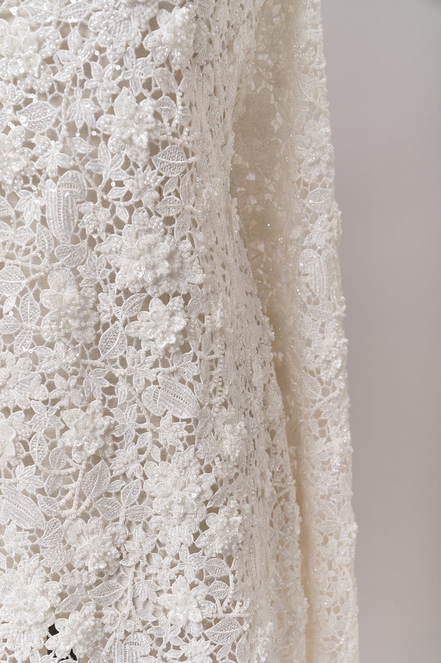 S0685 - Guipure embroidered with 3D flowers, off-white beads, transparent rhinestones, and transparent sequins