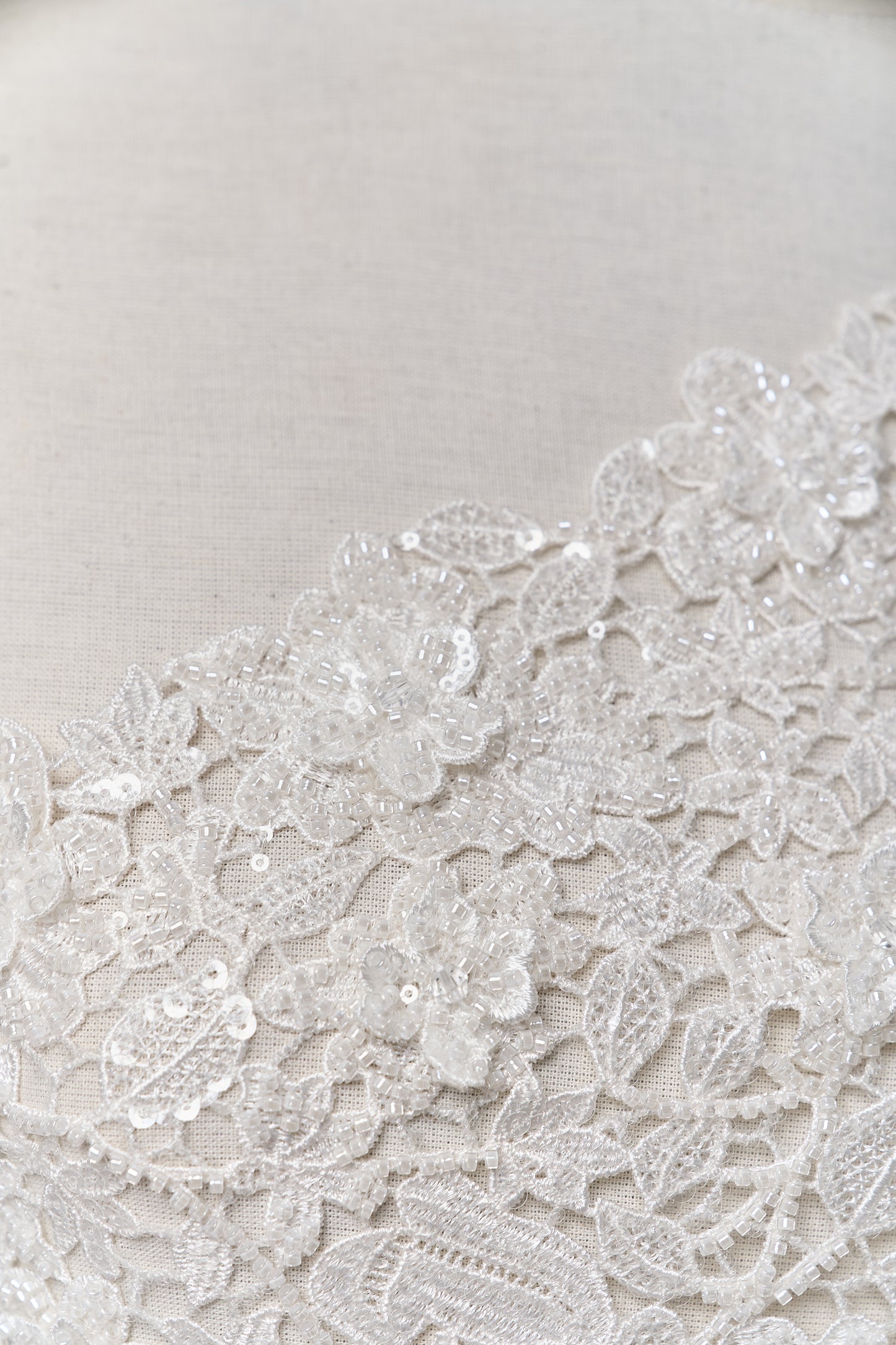 S0685 - Guipure embroidered with 3D flowers, off-white beads, transparent rhinestones, and transparent sequins