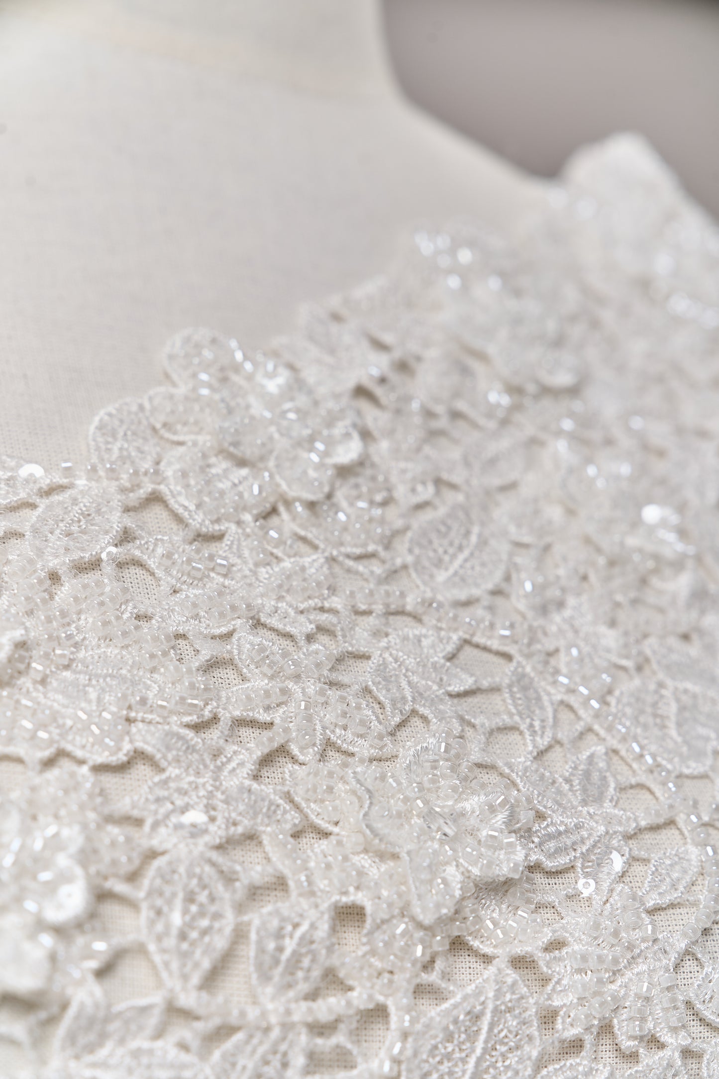 S0685 - Guipure embroidered with 3D flowers, off-white beads, transparent rhinestones, and transparent sequins