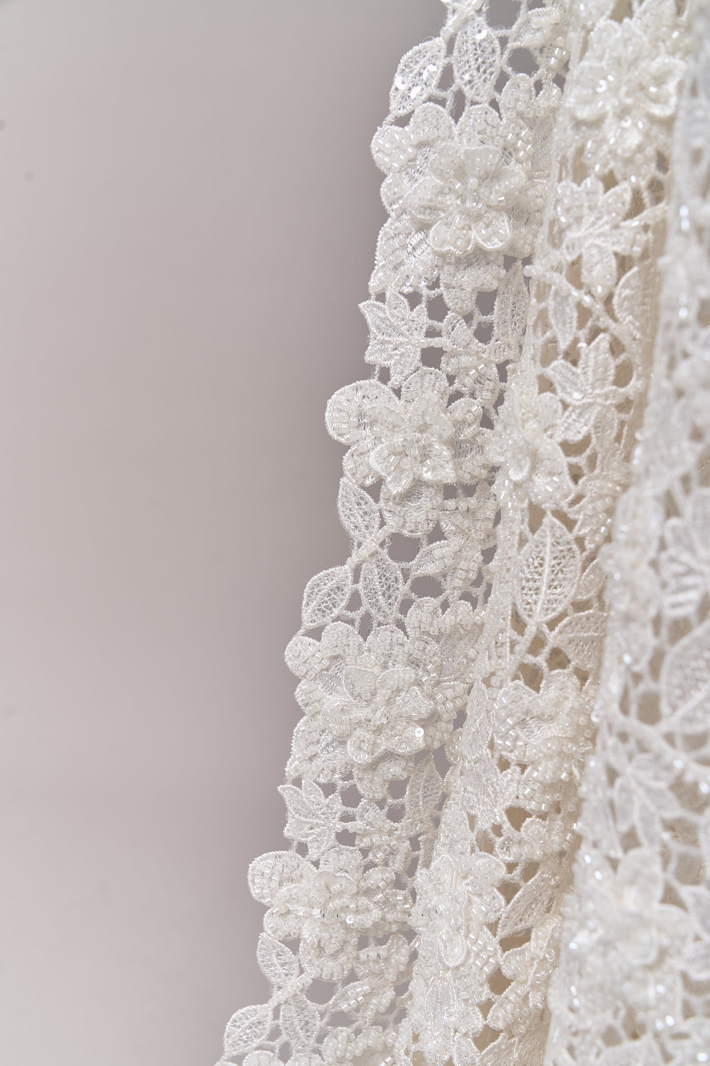 S0685 - Guipure embroidered with 3D flowers, off-white beads, transparent rhinestones, and transparent sequins