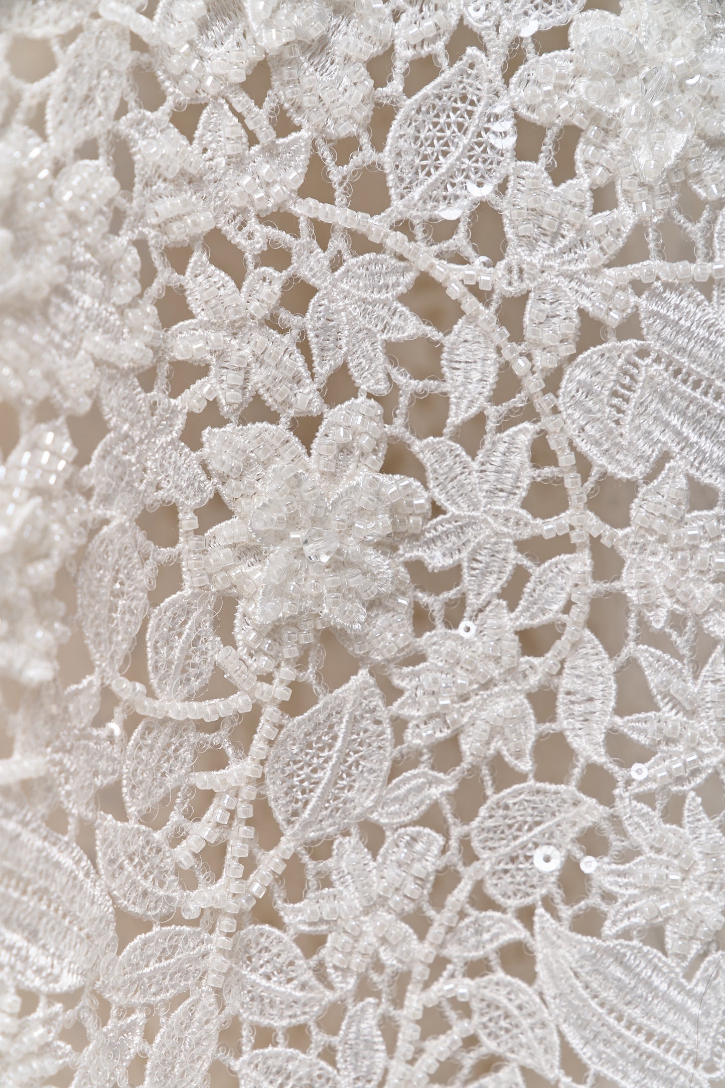 S0685 - Guipure embroidered with 3D flowers, off-white beads, transparent rhinestones, and transparent sequins