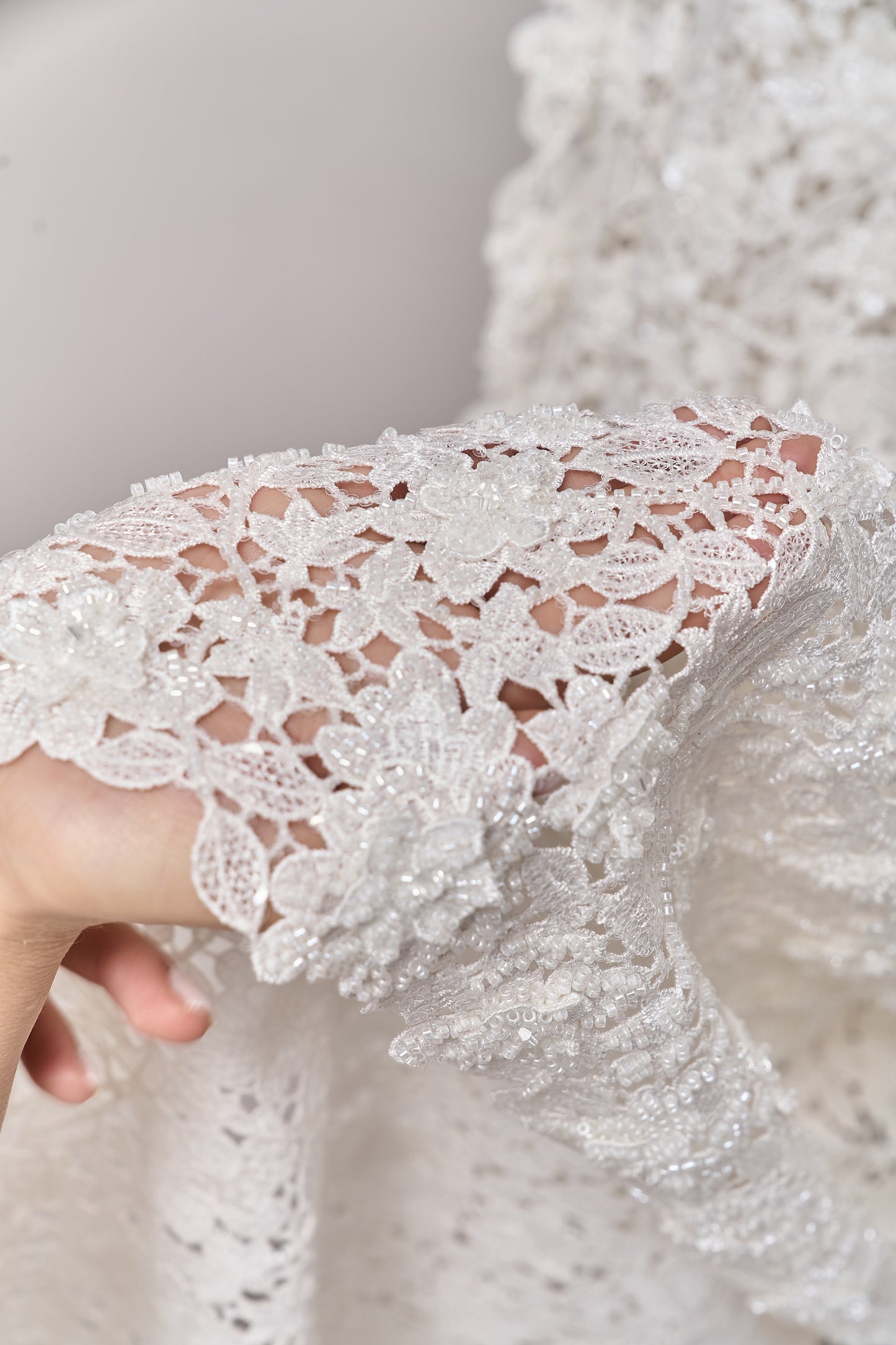 S0685 - Guipure embroidered with 3D flowers, off-white beads, transparent rhinestones, and transparent sequins