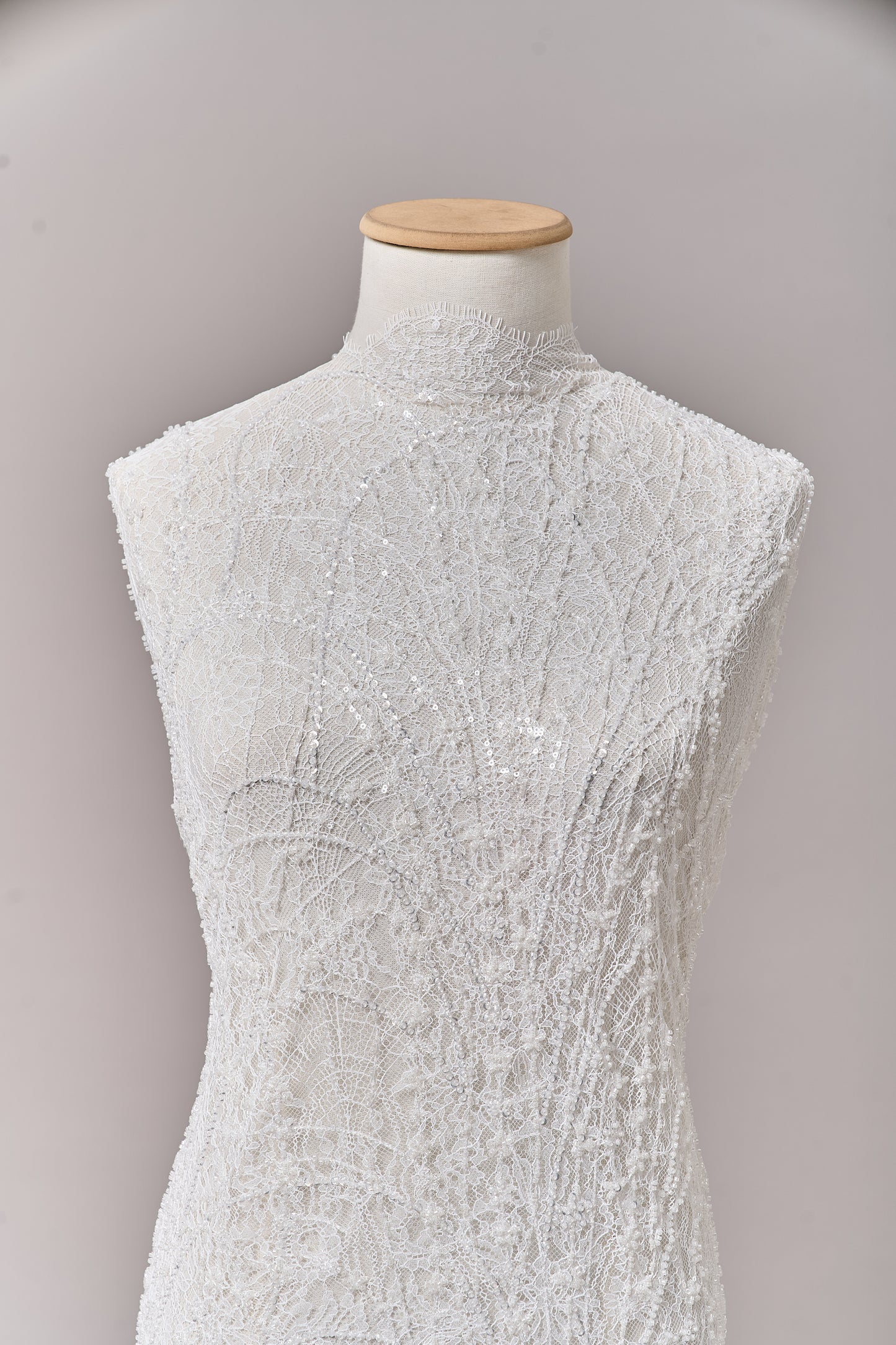 S0677 - Embroidered lace with off-white beads, transparent and silver sequins