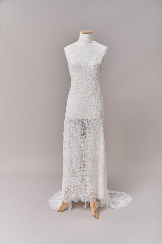 S0677 - Embroidered lace with off-white beads, transparent and silver sequins