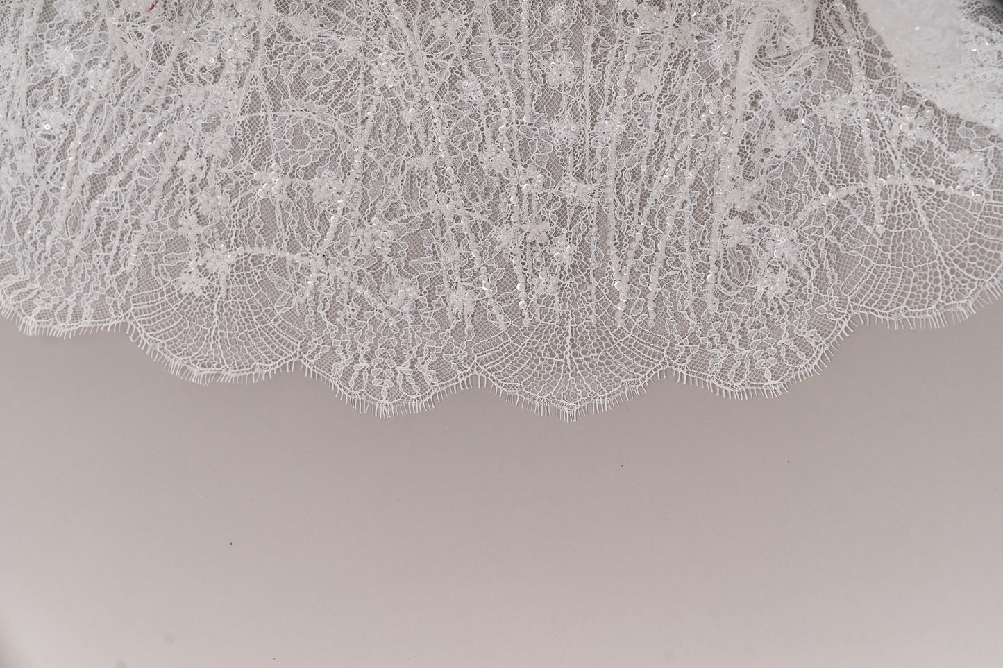 S0677 - Embroidered lace with off-white beads, transparent and silver sequins