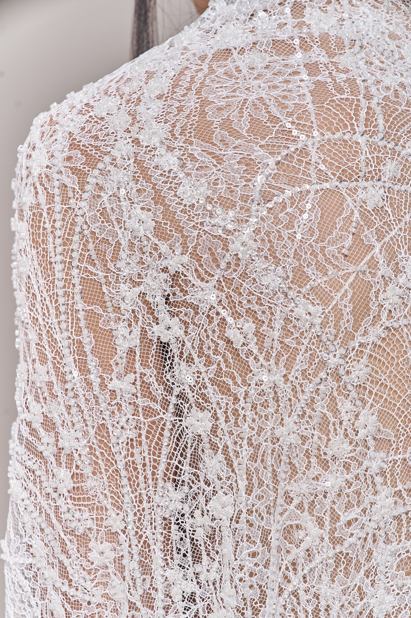 S0677 - Embroidered lace with off-white beads, transparent and silver sequins