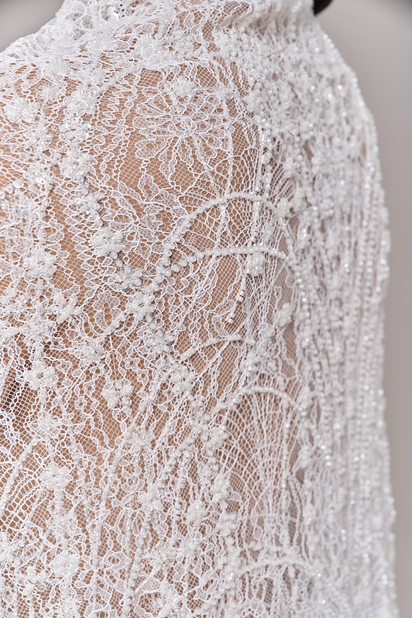 S0677 - Embroidered lace with off-white beads, transparent and silver sequins