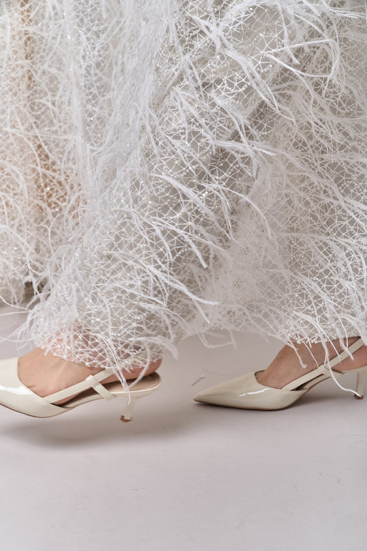 S0680 - Embroidered tulle with off-white and silver beads, transparent sequins, and real feathers