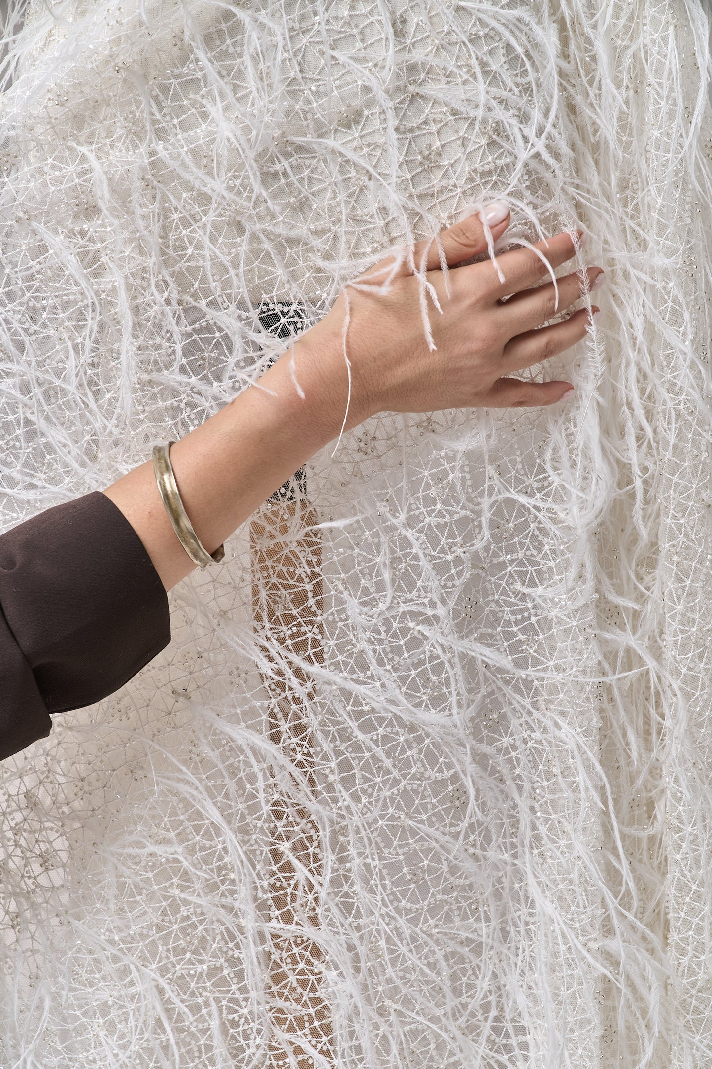 S0680 - Embroidered tulle with off-white and silver beads, transparent sequins, and real feathers