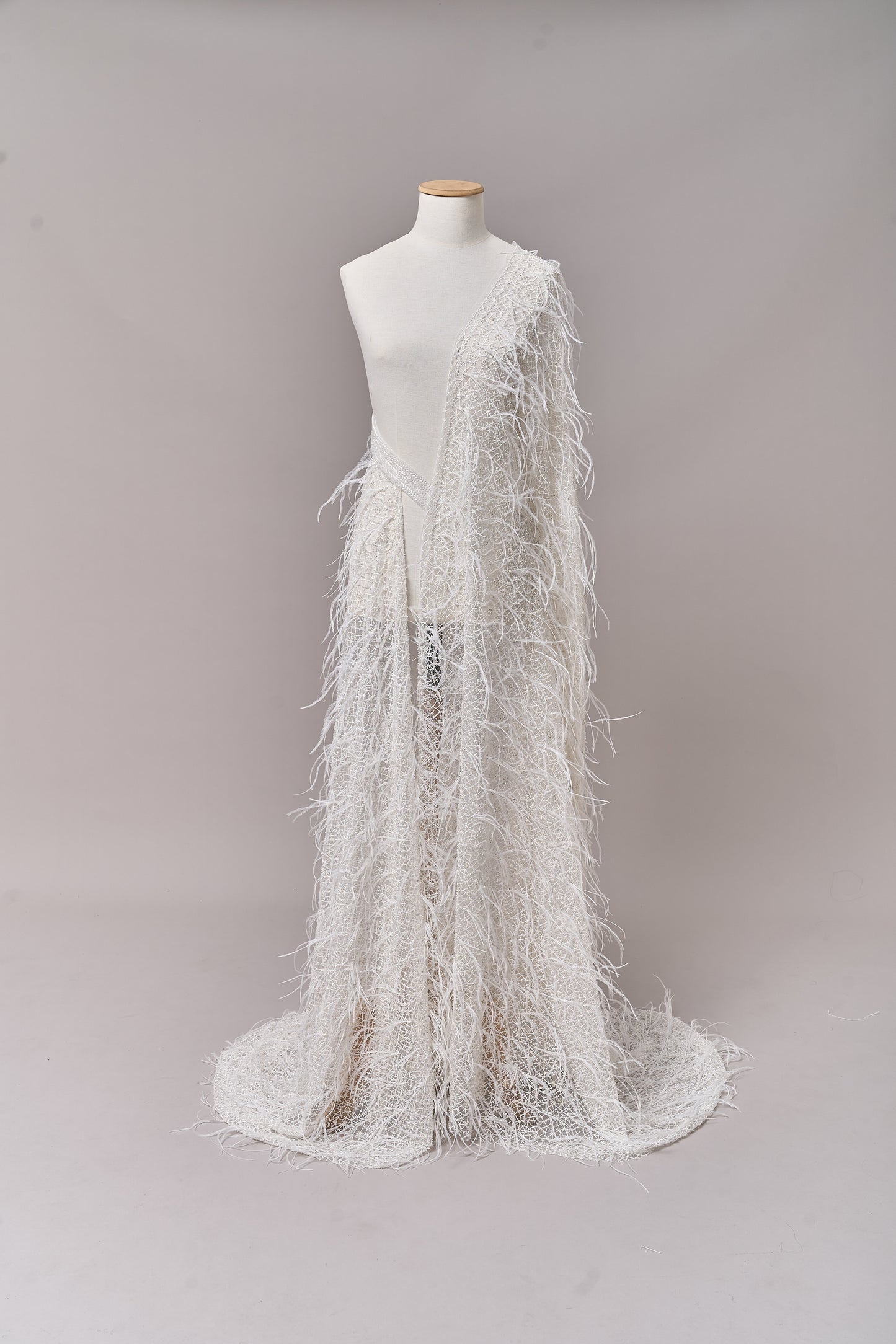 S0680 - Embroidered tulle with off-white and silver beads, transparent sequins, and real feathers