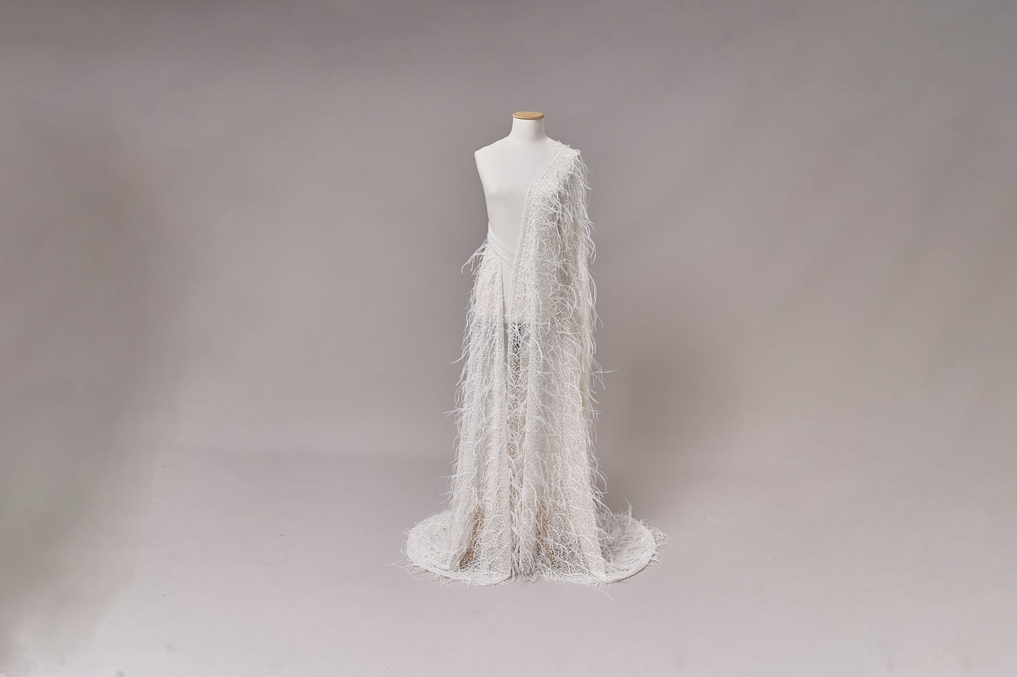 S0680 - Embroidered tulle with off-white and silver beads, transparent sequins, and real feathers