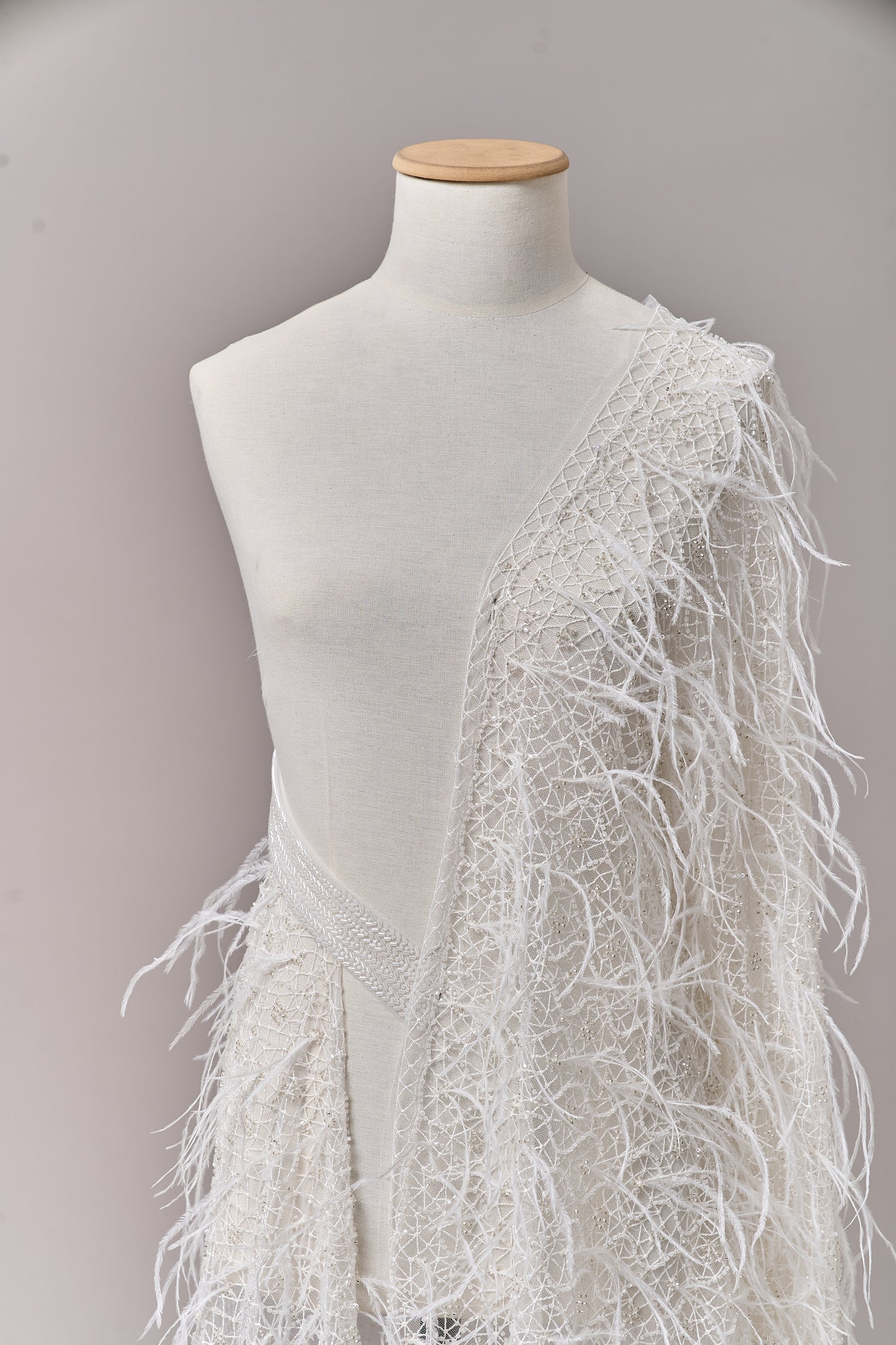 S0680 - Embroidered tulle with off-white and silver beads, transparent sequins, and real feathers
