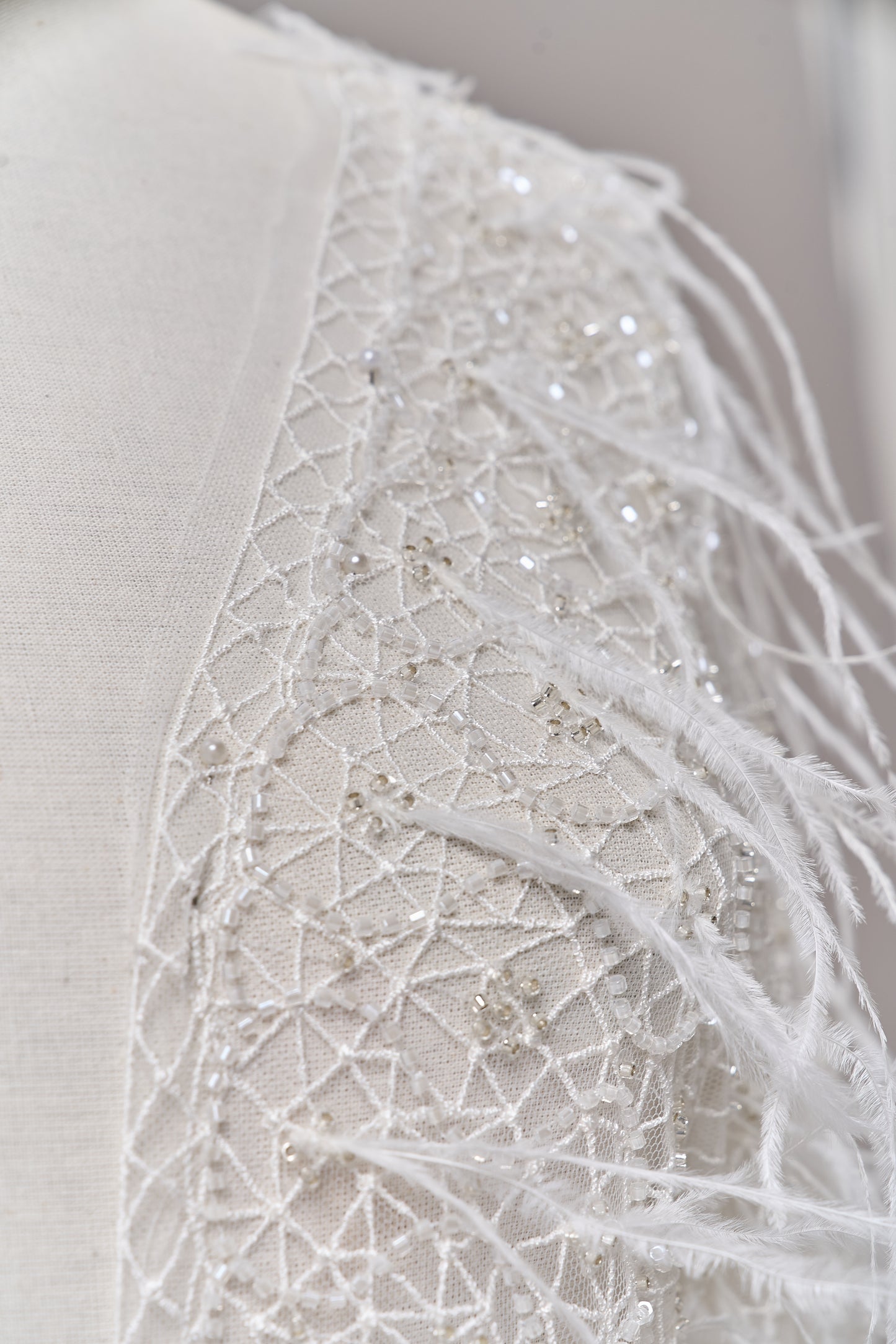 S0680 - Embroidered tulle with off-white and silver beads, transparent sequins, and real feathers