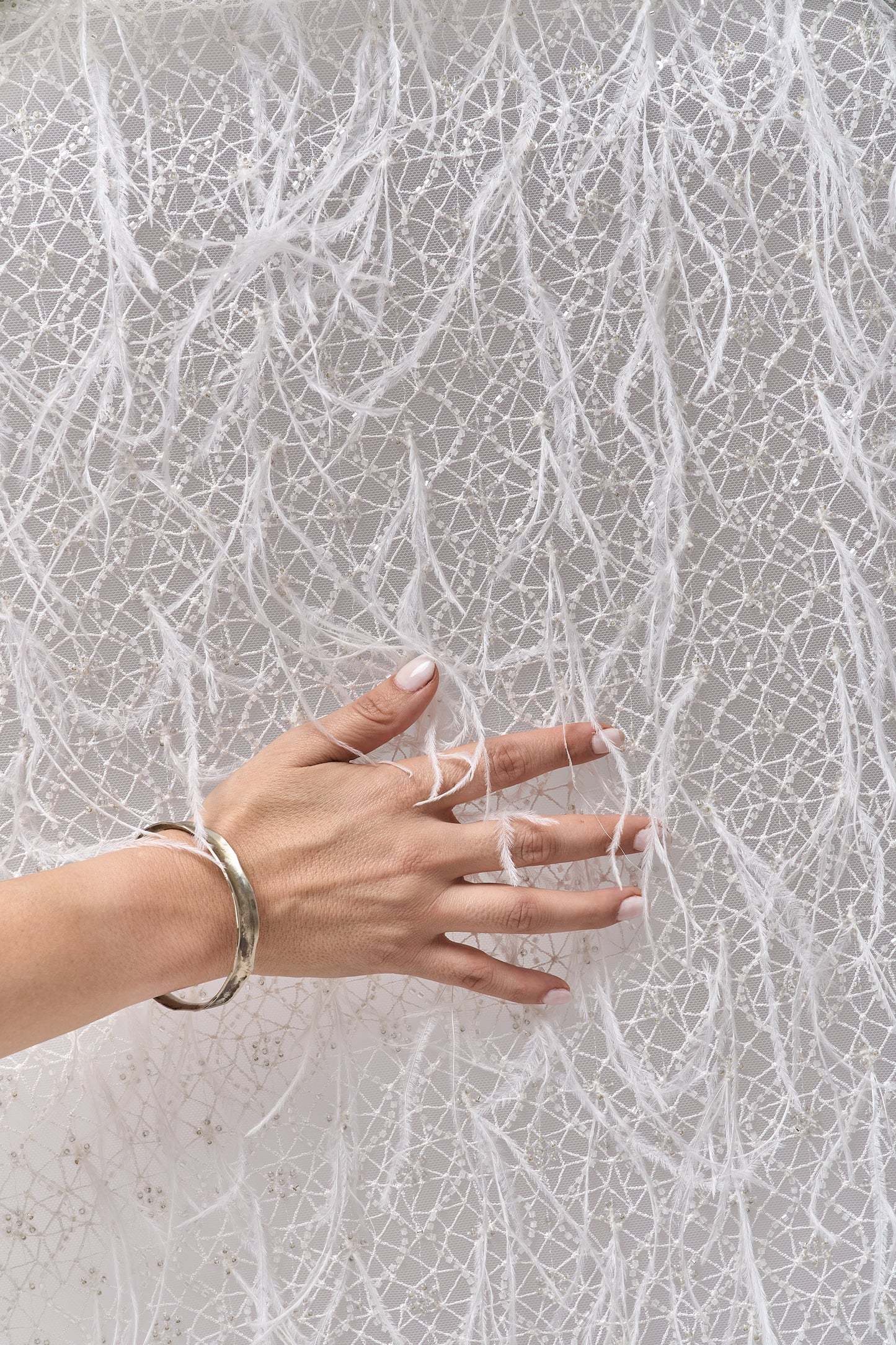 S0680 - Embroidered tulle with off-white and silver beads, transparent sequins, and real feathers
