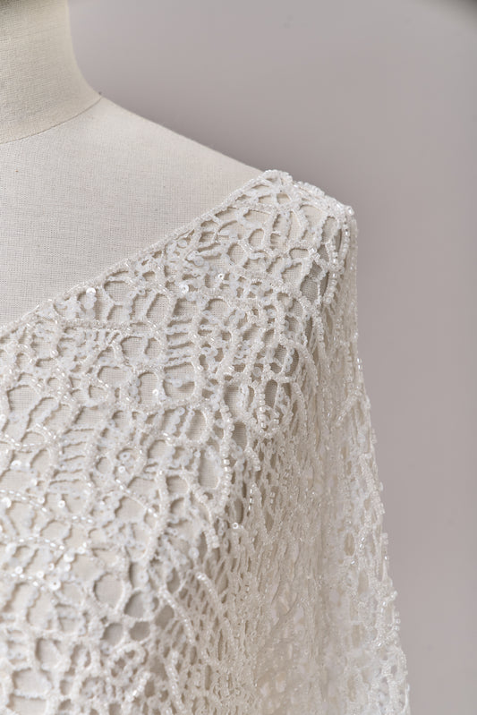 S0687 - Embroidered netting with matte off-white sequins and off-white beads