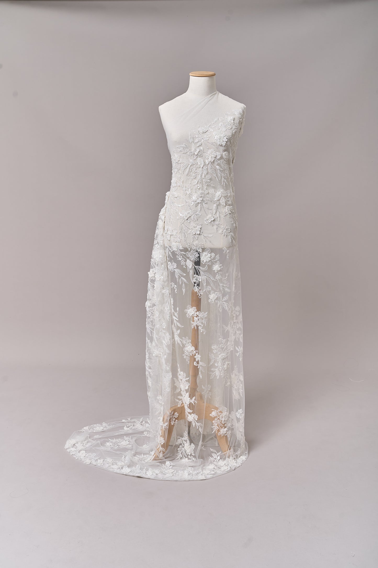 S0683 - Embroidered tulle with 3D flowers, off-white beads, transparent and silver sequins