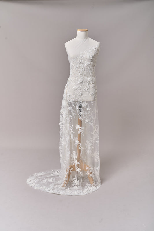 S0683 - Embroidered tulle with 3D flowers, off-white beads, transparent and silver sequins