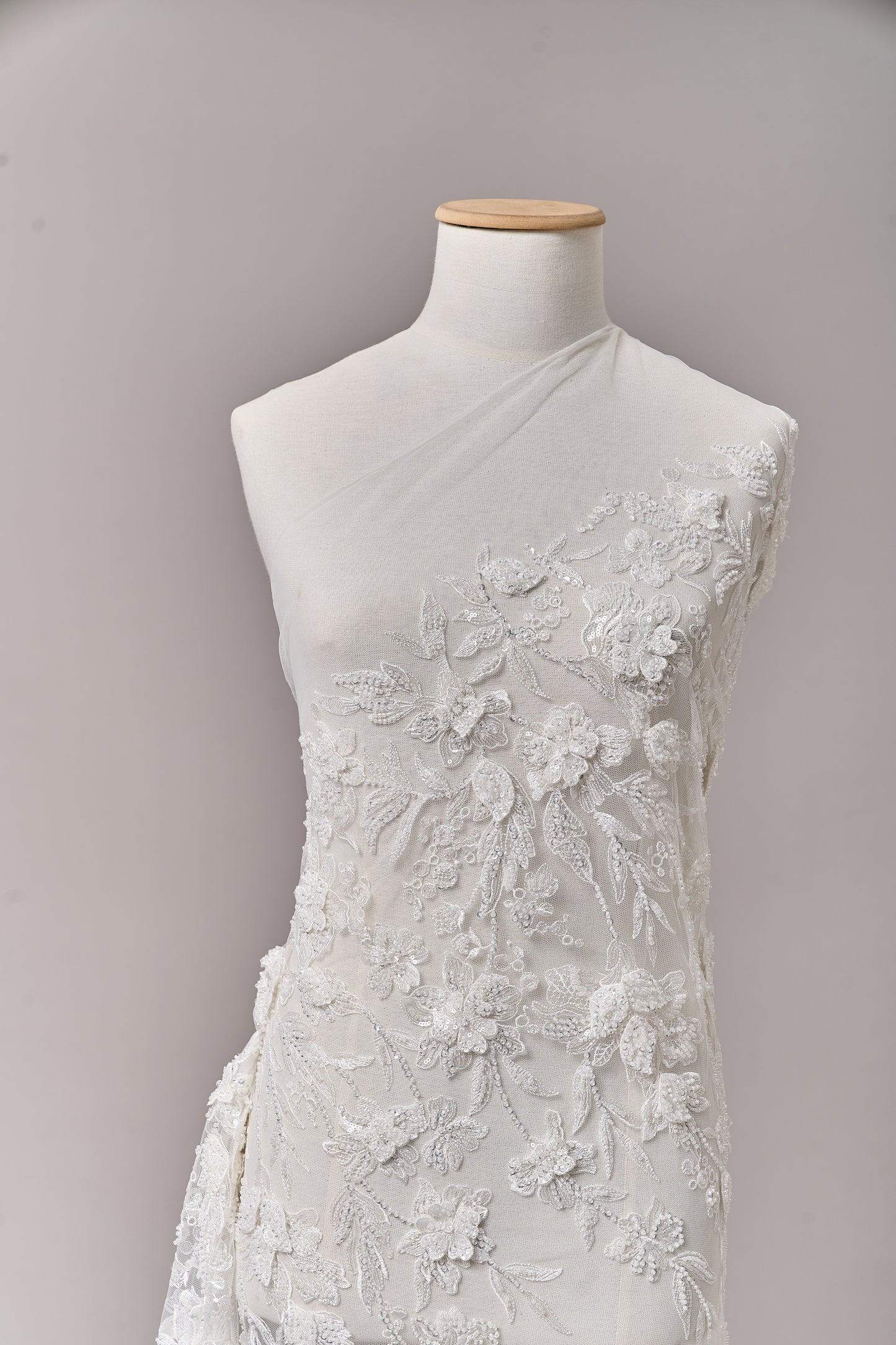 S0683 - Embroidered tulle with 3D flowers, off-white beads, transparent and silver sequins