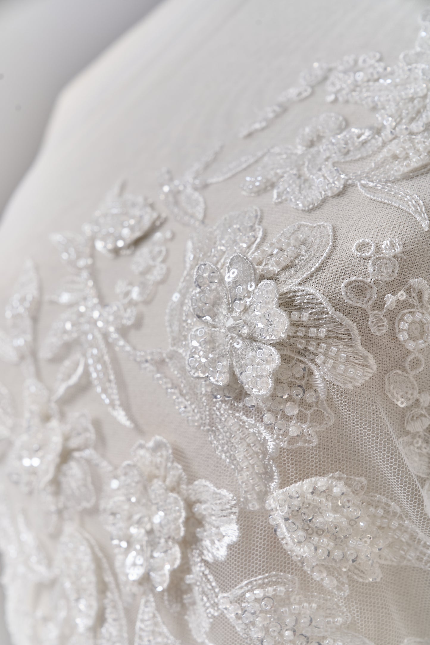 S0683 - Embroidered tulle with 3D flowers, off-white beads, transparent and silver sequins