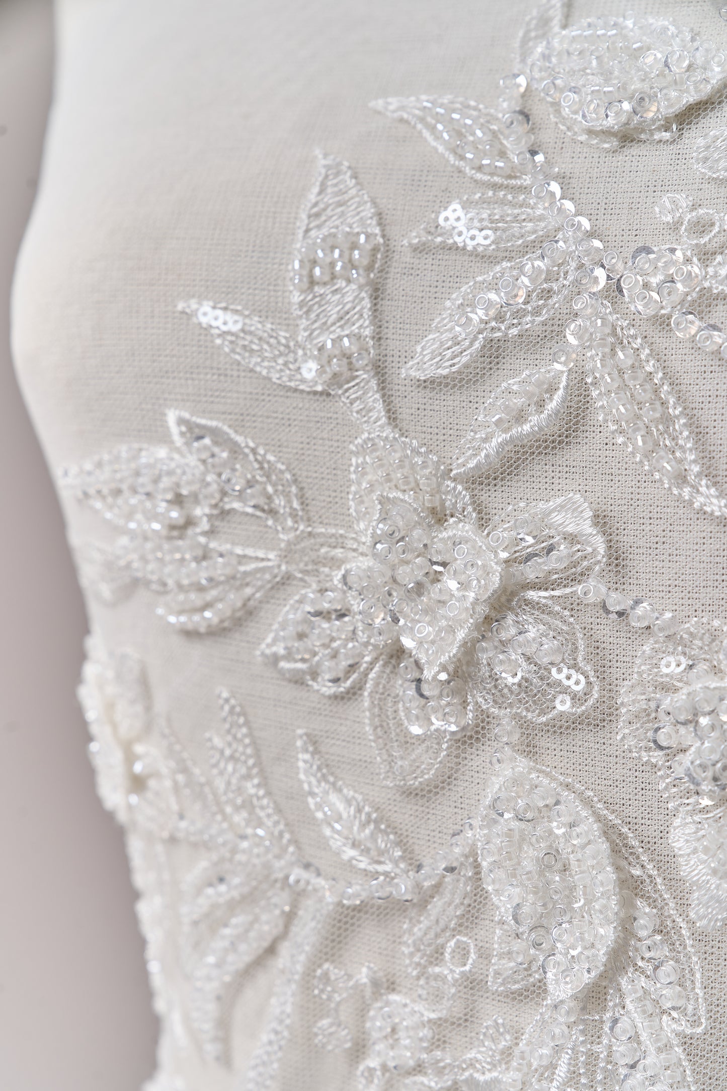 S0683 - Embroidered tulle with 3D flowers, off-white beads, transparent and silver sequins
