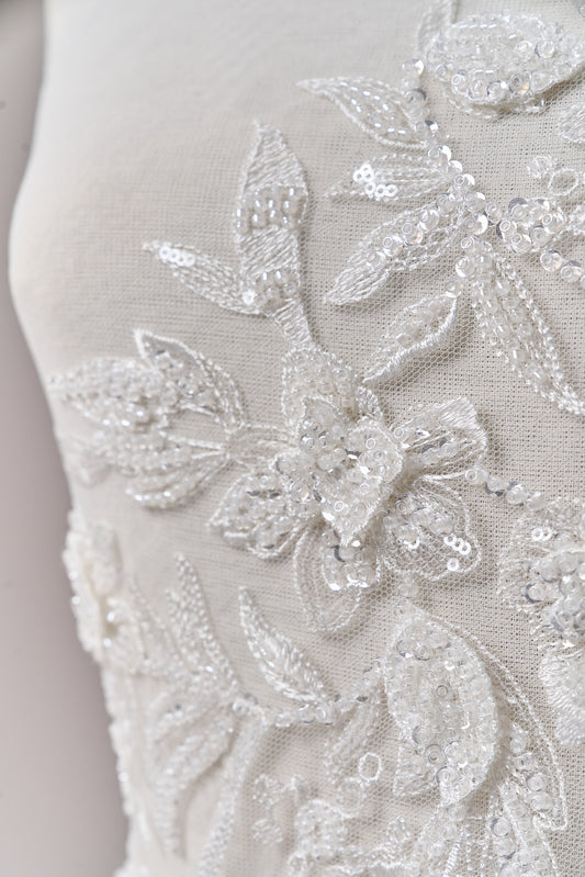S0683 - Embroidered tulle with 3D flowers, off-white beads, transparent and silver sequins