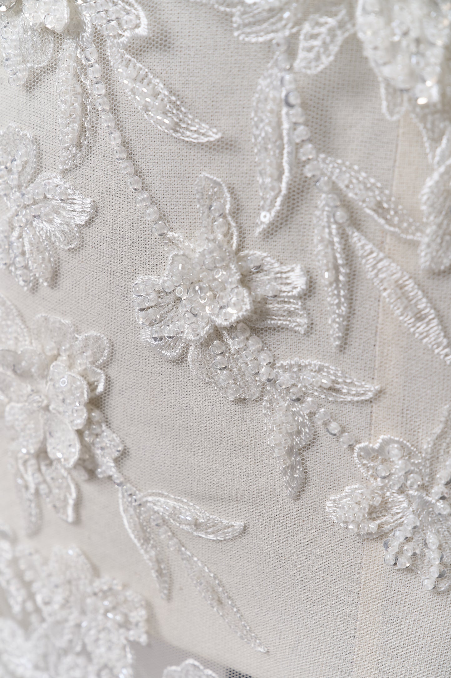 S0683 - Embroidered tulle with 3D flowers, off-white beads, transparent and silver sequins