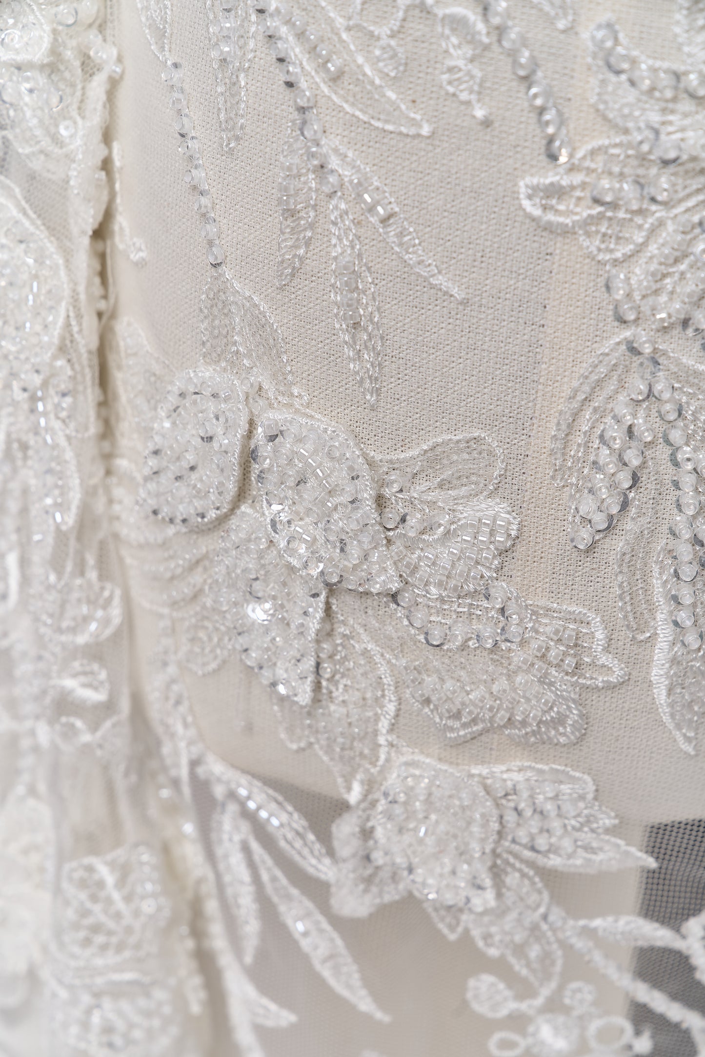 S0683 - Embroidered tulle with 3D flowers, off-white beads, transparent and silver sequins