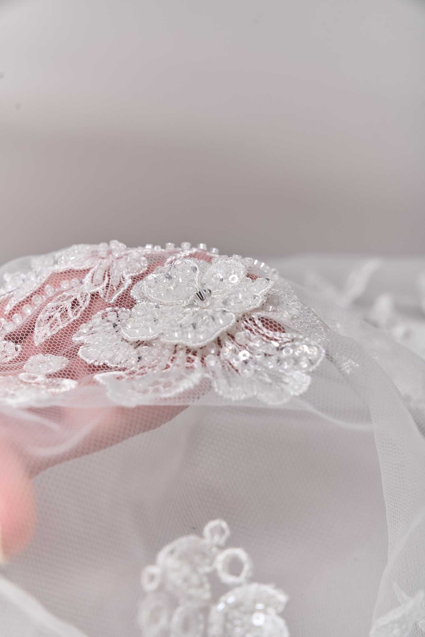 S0683 - Embroidered tulle with 3D flowers, off-white beads, transparent and silver sequins