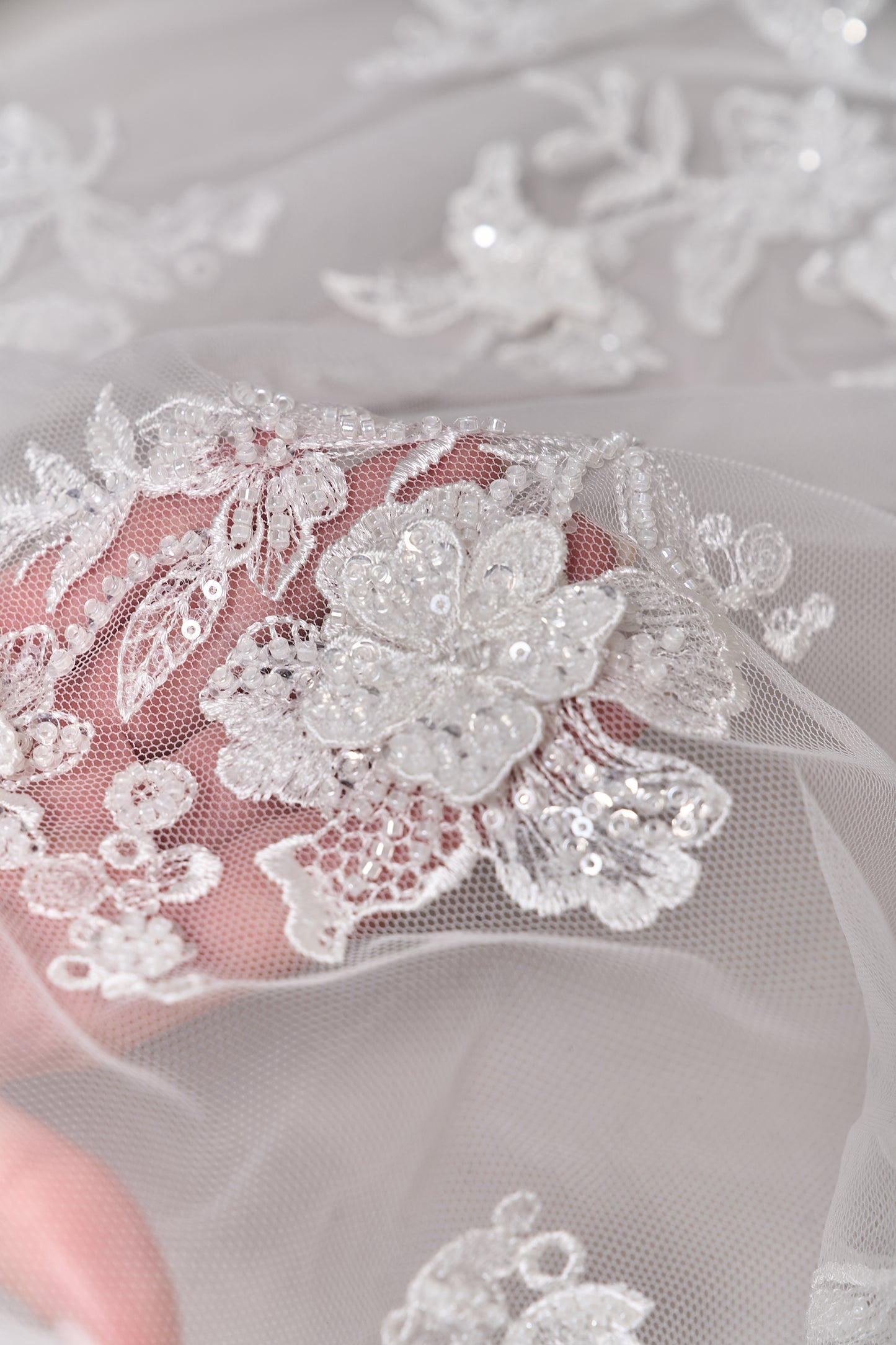S0683 - Embroidered tulle with 3D flowers, off-white beads, transparent and silver sequins
